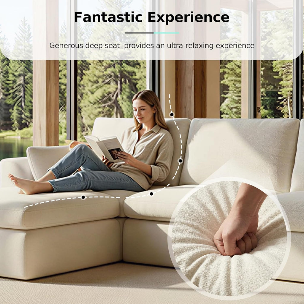 108" Modern Cloud Couch, Plush L Shaped Sectional Couch with Ottoman, Comfy Boneless Couch Modular Sofa, High-Density Memory Foam Deep Seat, No Assembly Required, Pet-Friendly, White