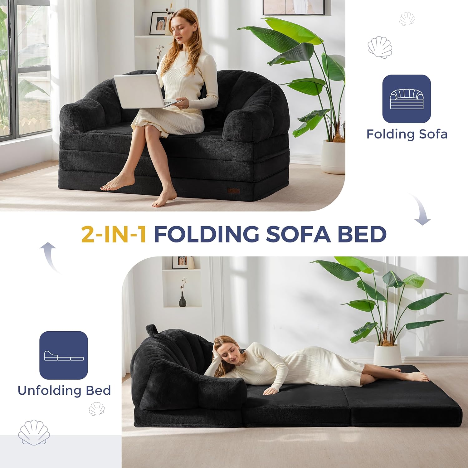 MAXYOYO Folding Sofa Bed, 2 in 1 Convertible Sofa to Lounger Comfy Loveseat Bean Bag Chair for Adults, Floor Sleeper Couch with Handle, Faux Fur Couch Bed for Living Room Bedroom, Black, Loveseat