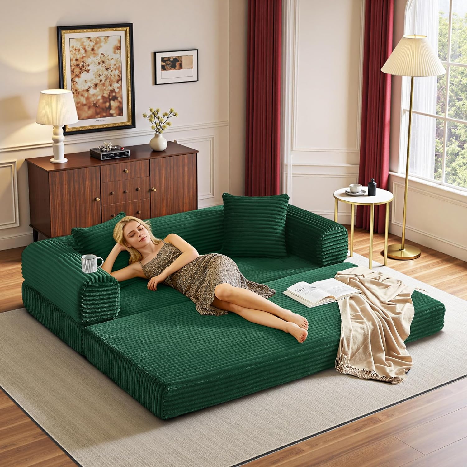 Boneless Couch Versatile Couches for Living Room No-Install Sofa Bed Corduroy Futon Soft Cloud Couch with Pillows for Bedroom Game Movie (Green, 76")