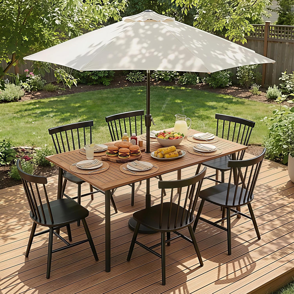 Flamaker Acacia Wood Patio Outdoor Dining Table for 6, Outdoor Table with Umbrella Hole and Metal Legs for Garden, 63''L x 36'' W x 30'' H