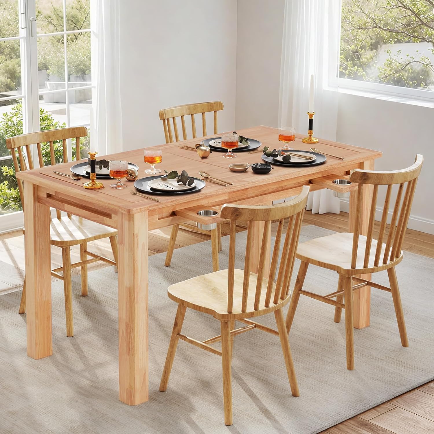 Oak Board Game Table with Removable Table Top, 52" x 29" Play Area, PU Leather Playmat & 4 Cup Holders, Seats 4-6 Players, Dual-Purpose for Gaming & Dining