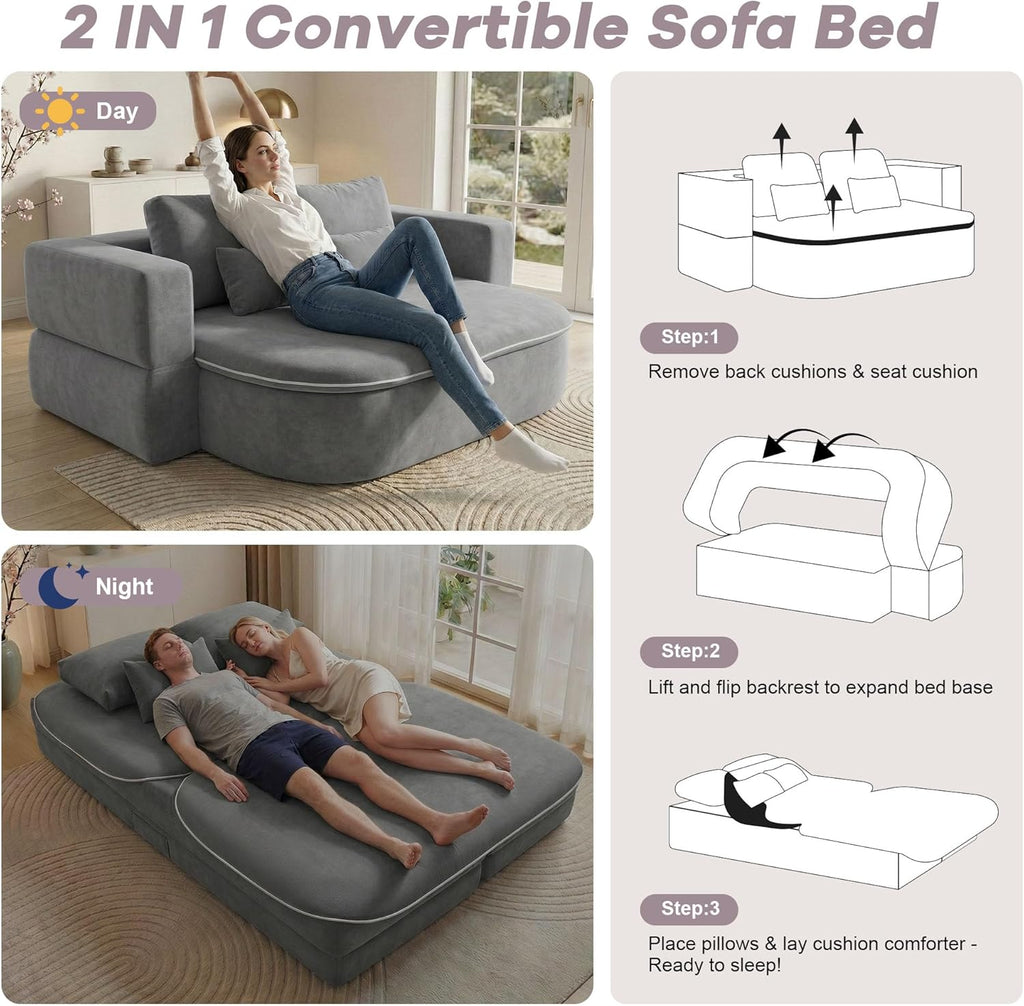 75'' Folding Sleeper Sofa Bed, Convertible Memory Foam Boneless Couch, Foldable Full Size Guest Bed, Modern 2-in-1 Futon Floor Sleeper Sofa with 4 Pillows and Blanket (Chenille, Gray1)