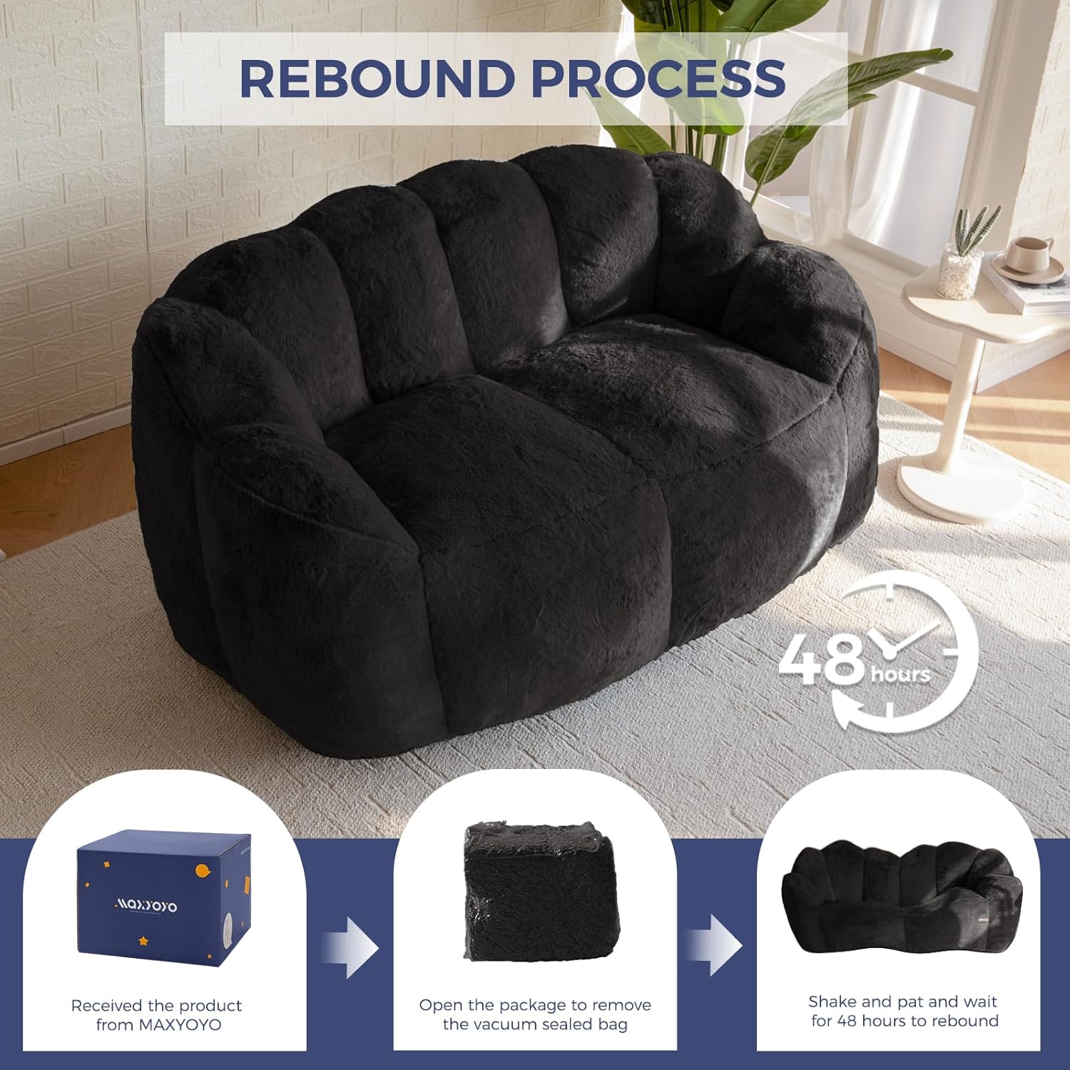 MAXYOYO Bean Bag Chair for Adults, Loveseat Floral Shaped Bean Bag Sofa, Ultra Soft Love Seat Mini Sofa Couch, Faux Fur Reading Chair for Living Room Bedroom, Black