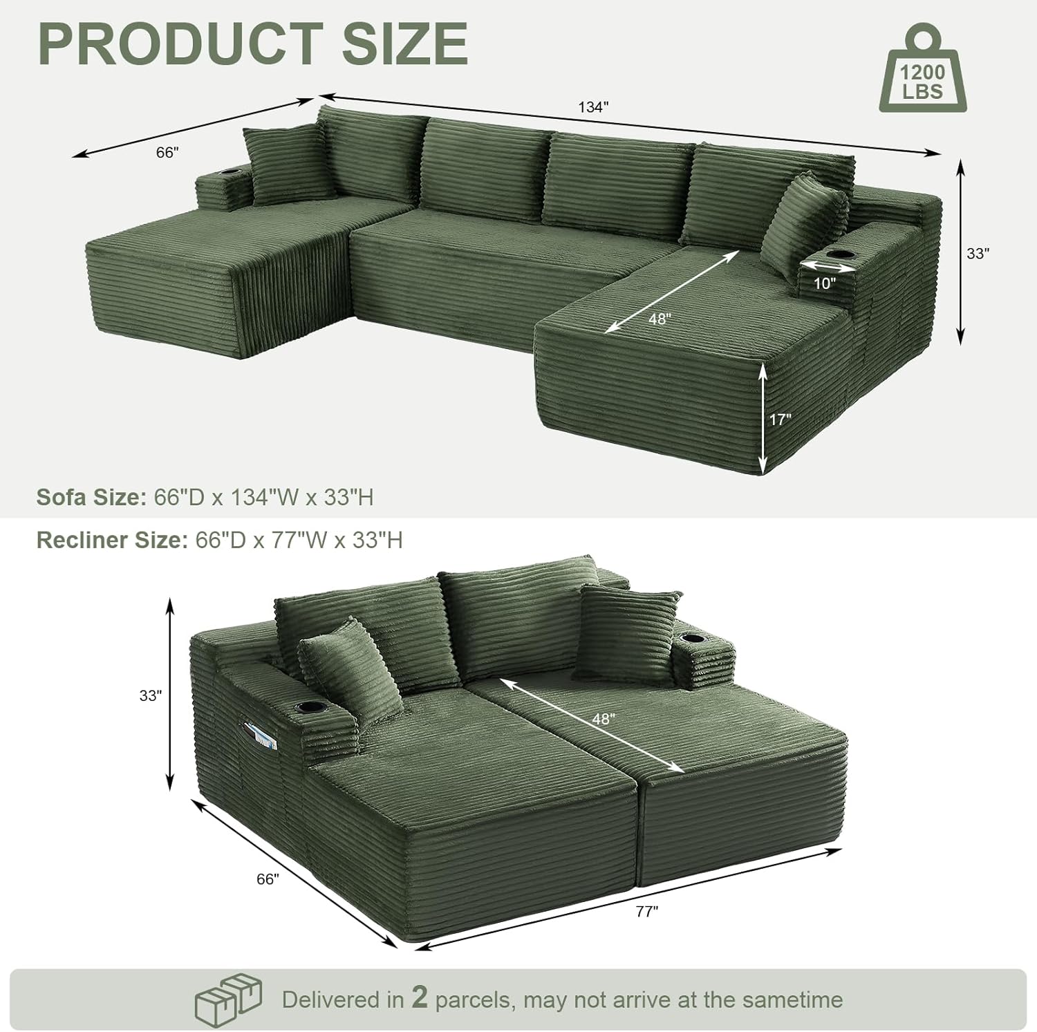 134" U Shaped Boneless Couch with Chaise, Oversized Modular Sectional Sofa with Cupholders & Storage Corduroy Cloud Couches for Living Room, Free Combination, No Assembly Required, Green