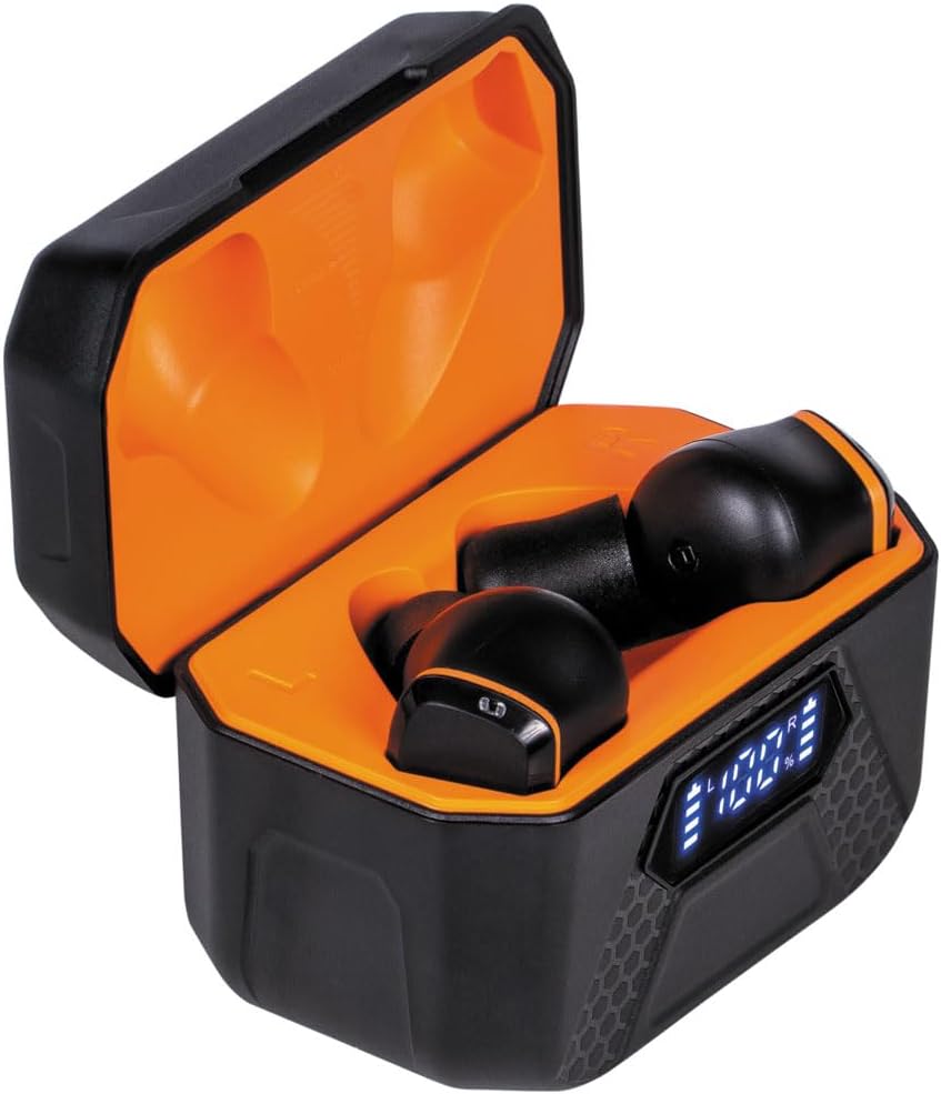 KLEIN TOOLS AESEB2 Elite Bluetooth Jobsite Earbuds, True Wireless Earplugs, 25dB NRR Hearing Protection, 24-Hour Playtime, Digital LED Display