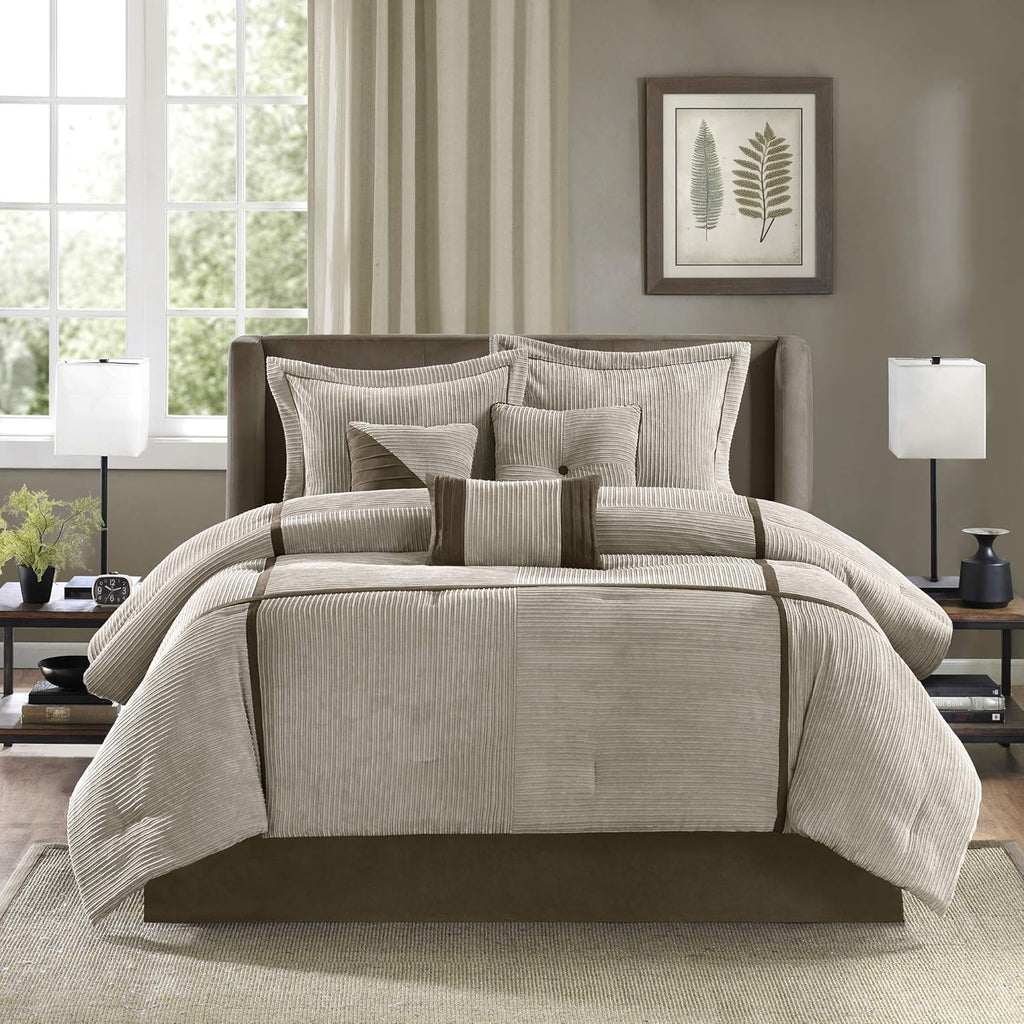 Madison Park Cozy Comforter Set Casual Blocks Design All Season, Matching Bed Skirt, Decorative Pillows, King(104"x92"), Dallas Corduroy, Taupe Brown, 7 Piece