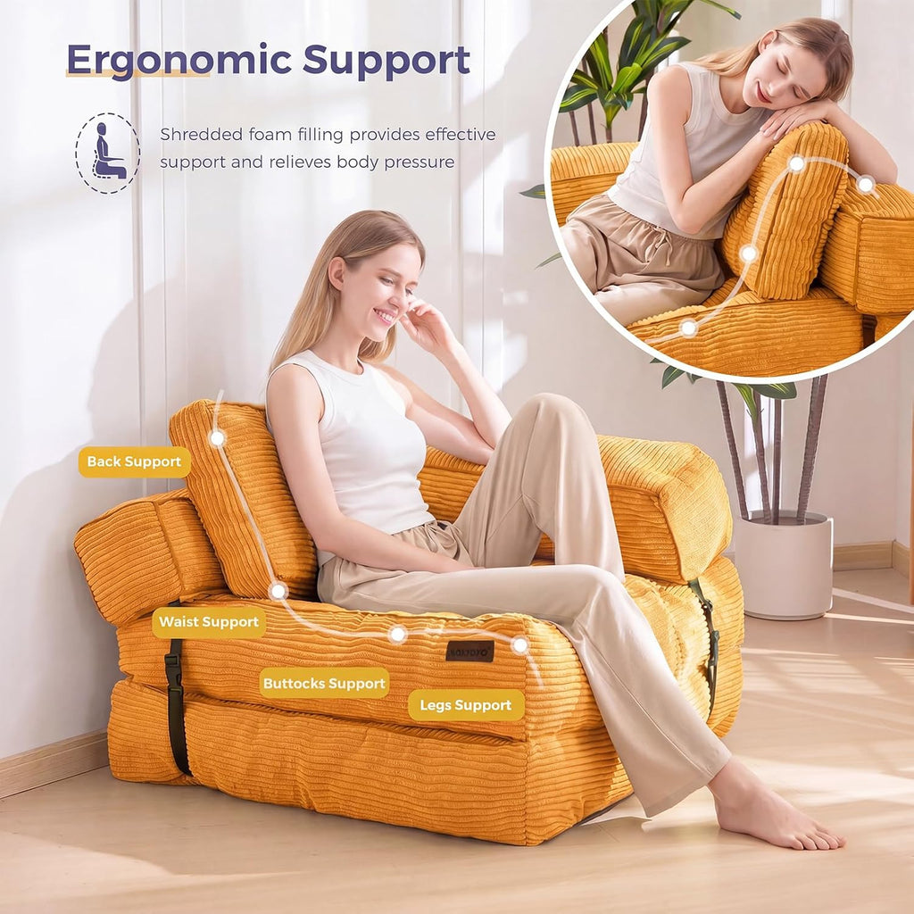 MAXYOYO Folding Sofa Bed, L-Shaped Convertible Sofa Bed Foldable Sleeper with Pillow, Portable Fold Out Chair Lounge for Living Room Bedroom, Orange