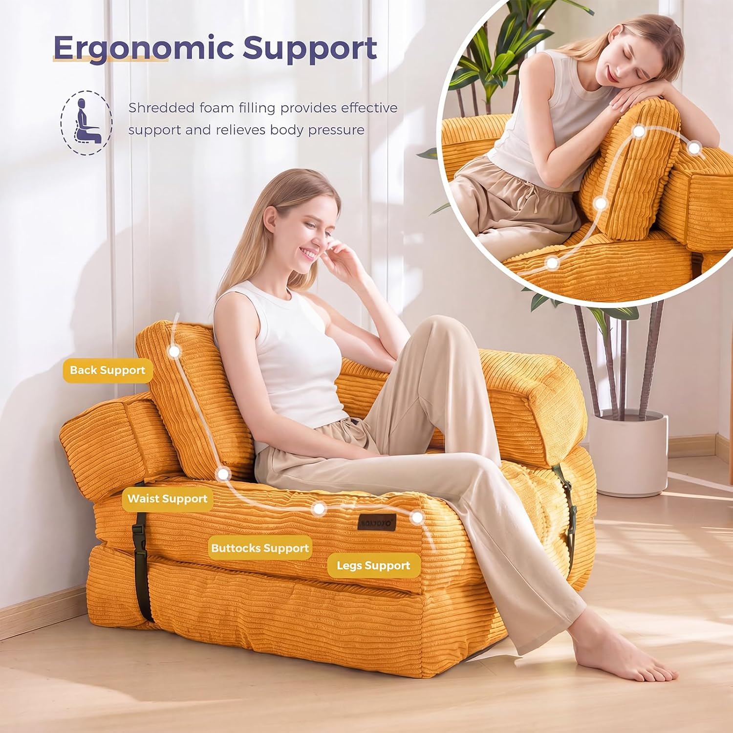 MAXYOYO Folding Sofa Bed, L-Shaped Convertible Sofa Bed Foldable Sleeper with Pillow, Portable Fold Out Chair Lounge for Living Room Bedroom, Orange