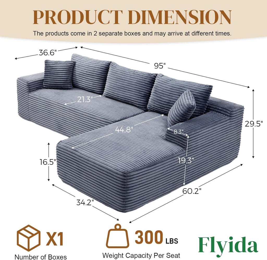 95" Boneless Cloud Sectional Couches for Living Room, Comfy Fluffy L Shaped Memory Foam Deep Seat Boneless Couch, Modular Sectional Sofa with Right Facing Chaise, Grey
