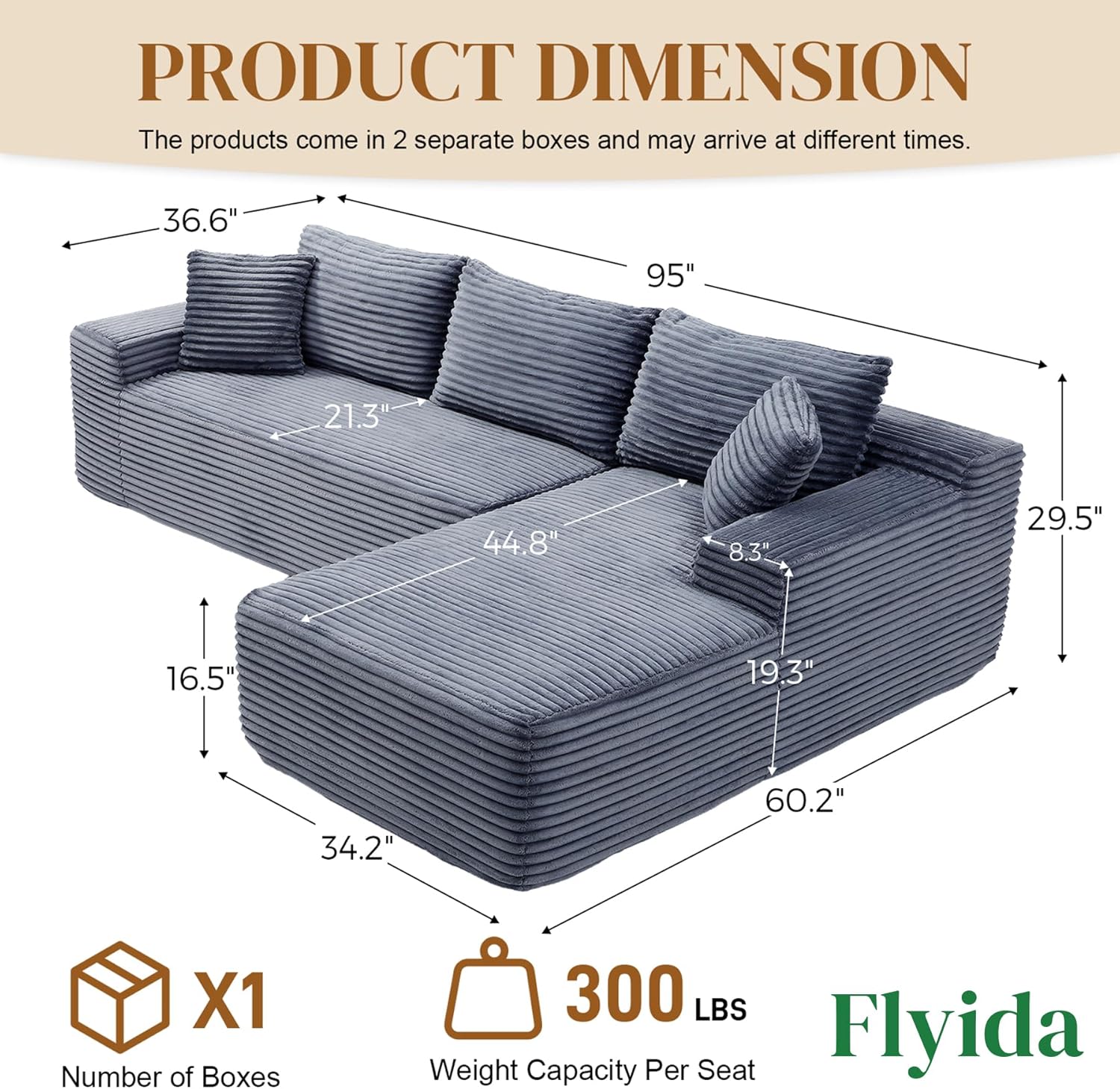 95" Boneless Cloud Sectional Couches for Living Room, Comfy Fluffy L Shaped Memory Foam Deep Seat Boneless Couch, Modular Sectional Sofa with Right Facing Chaise, Grey