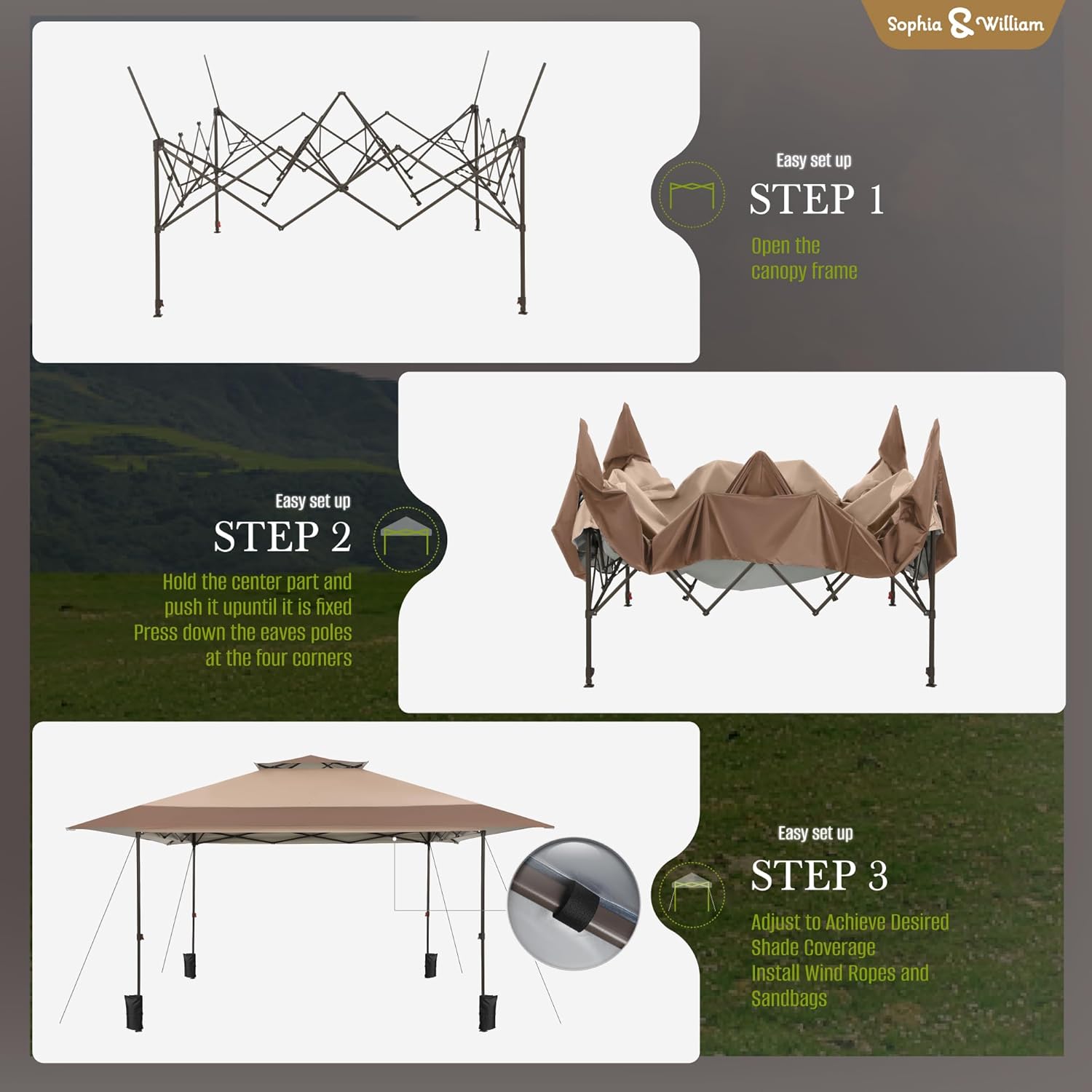 Sophia & William Outdoor Canopy 13x13 Pop Up Canopy Tent Instant Easy One Person Set Up Folding Shelter w/Auto Extending Eaves 169 Square Feet of Shade, UPF50+, Beige