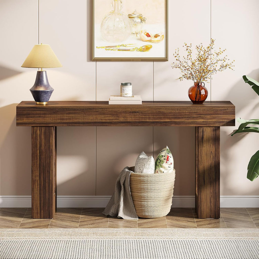 Tribesigns 63-Inch Long Console Table, MDF Wood Grain Rectangular Sofa Table Behind The Couch, Farmhouse Entryway Table for Entrance, Hallway, Living Room (Rustic Brown)