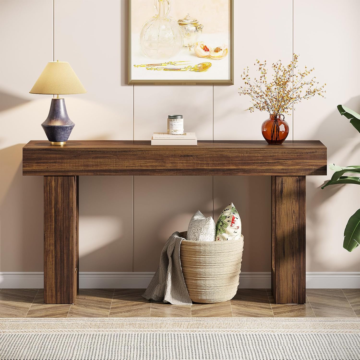 Tribesigns 63-Inch Long Console Table, MDF Wood Grain Rectangular Sofa Table Behind The Couch, Farmhouse Entryway Table for Entrance, Hallway, Living Room (Rustic Brown)