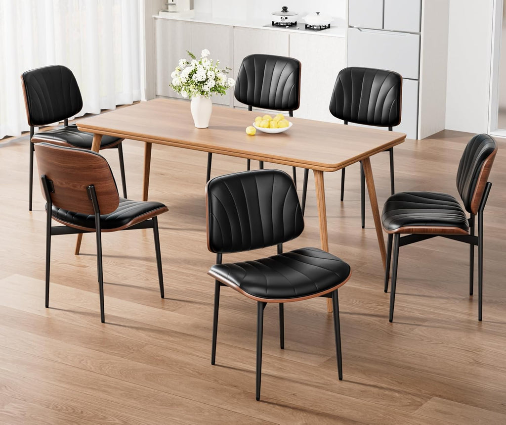 REONEY Dining Chairs Set of 4, Mid-Century Modern Upholstered PU Leather Chairs with Walnut Bentwood Back and Metal Legs Adjustable Feet for Kitchen Dining Room, Black Shell Strips