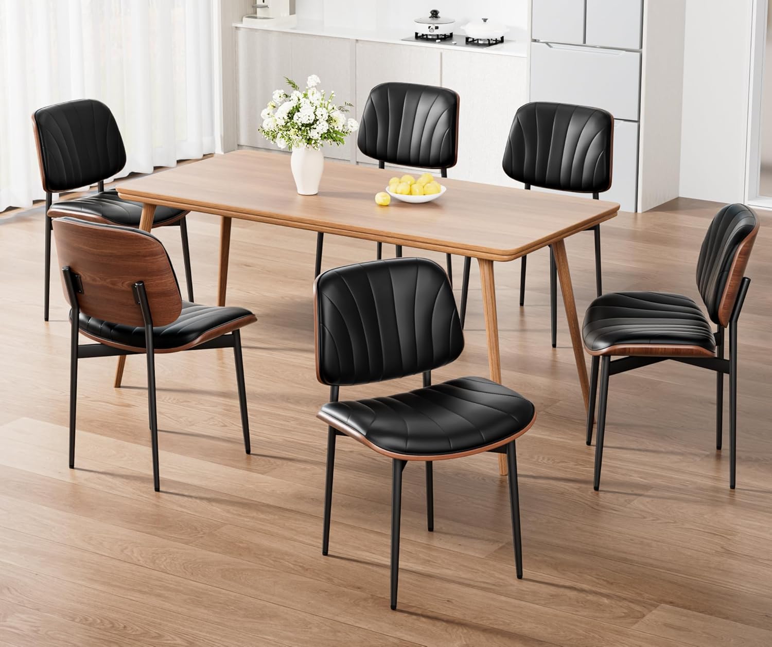 REONEY Dining Chairs Set of 4, Mid-Century Modern Upholstered PU Leather Chairs with Walnut Bentwood Back and Metal Legs Adjustable Feet for Kitchen Dining Room, Black Shell Strips