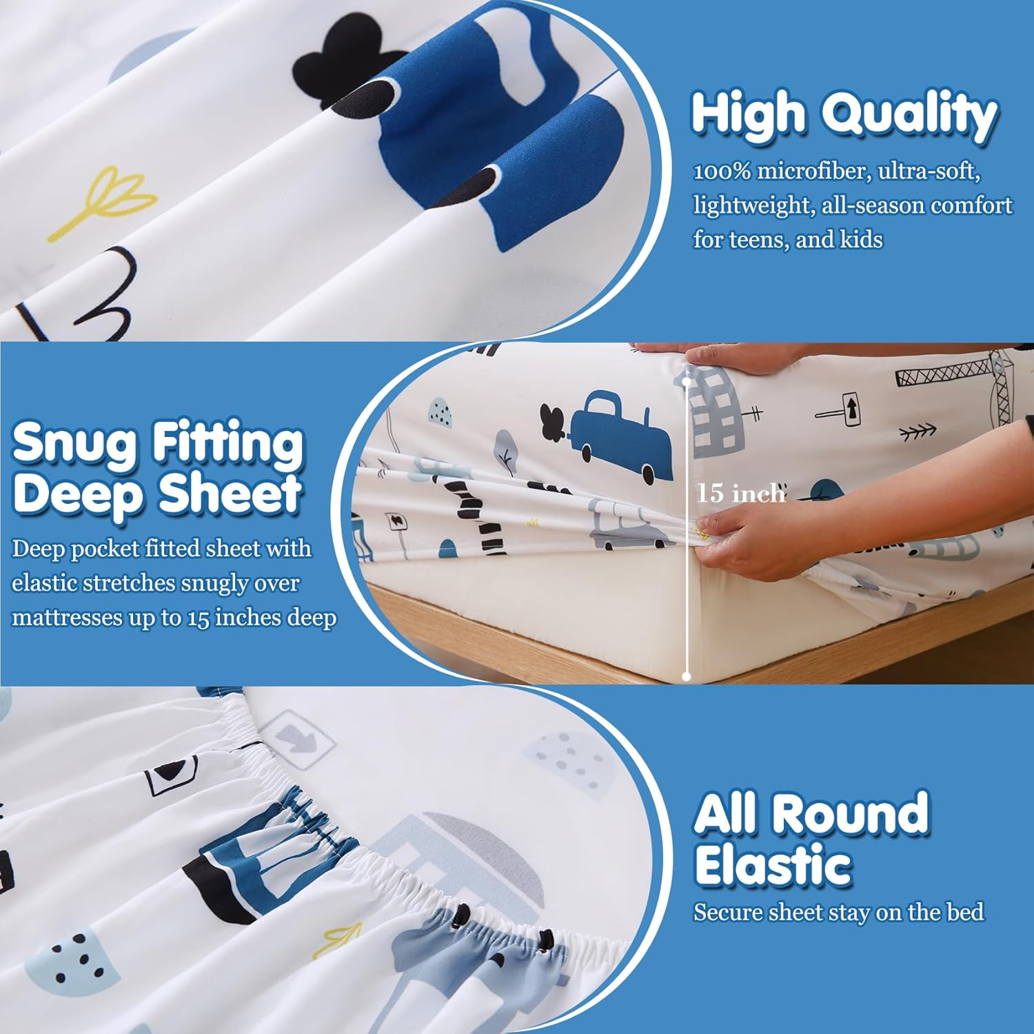 Twin Bed Sheets Boys Kids Construction Car Sheet Set 15-Inch Deep Pocket Fitted Sheet Soft Microfiber 3 Pieces Bedding Sets with Pillowcase Fade Resistant Children Room Decor