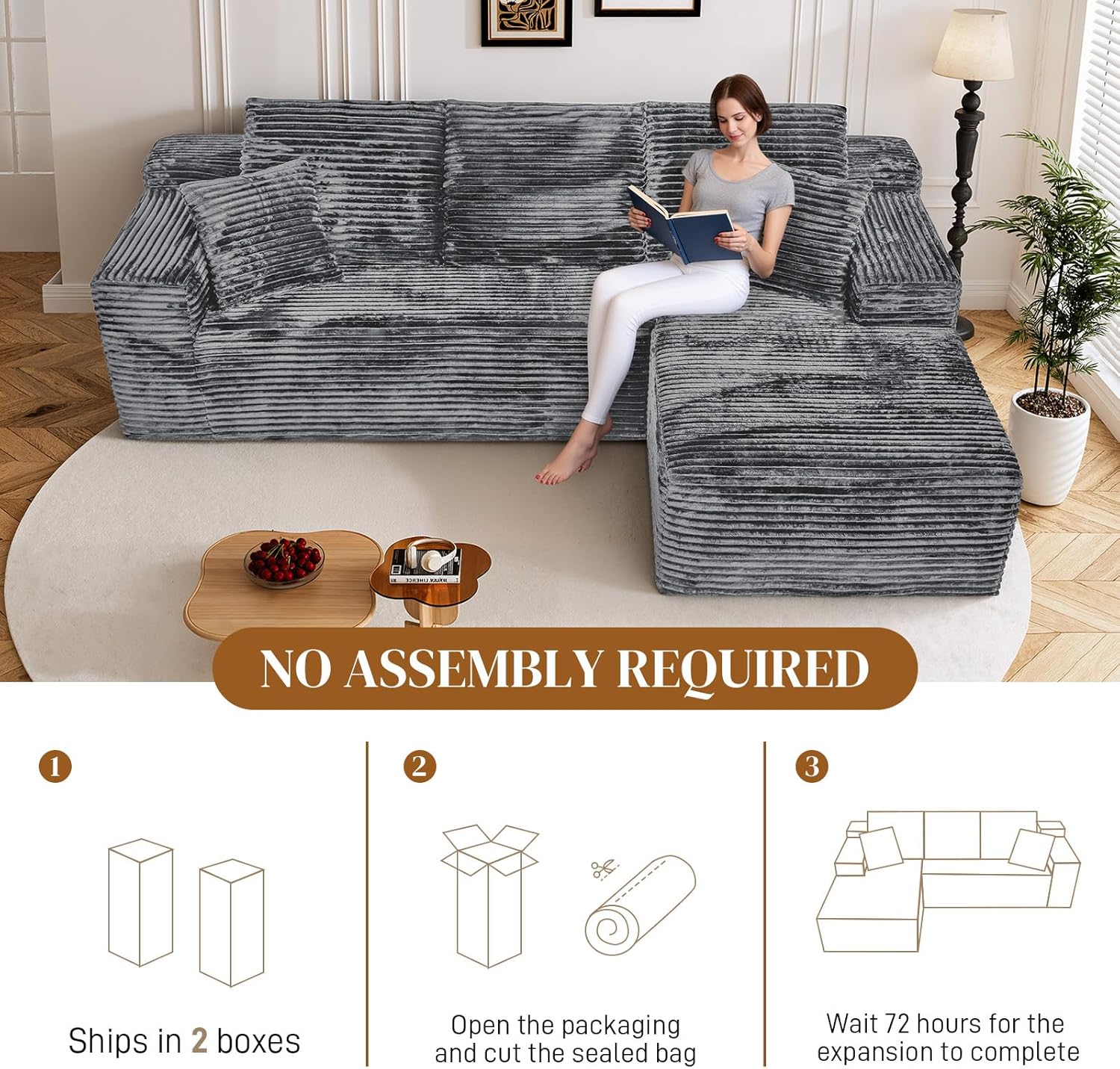 108" L Shaped Boneless Sectional Couches for Living Room, Comfy Corduroy Floor Cloud Sofa with Chaise, Wide Armrest, Deep Seat, Memory Foam, Assembly Free, Ideal for Small Spaces, Grey