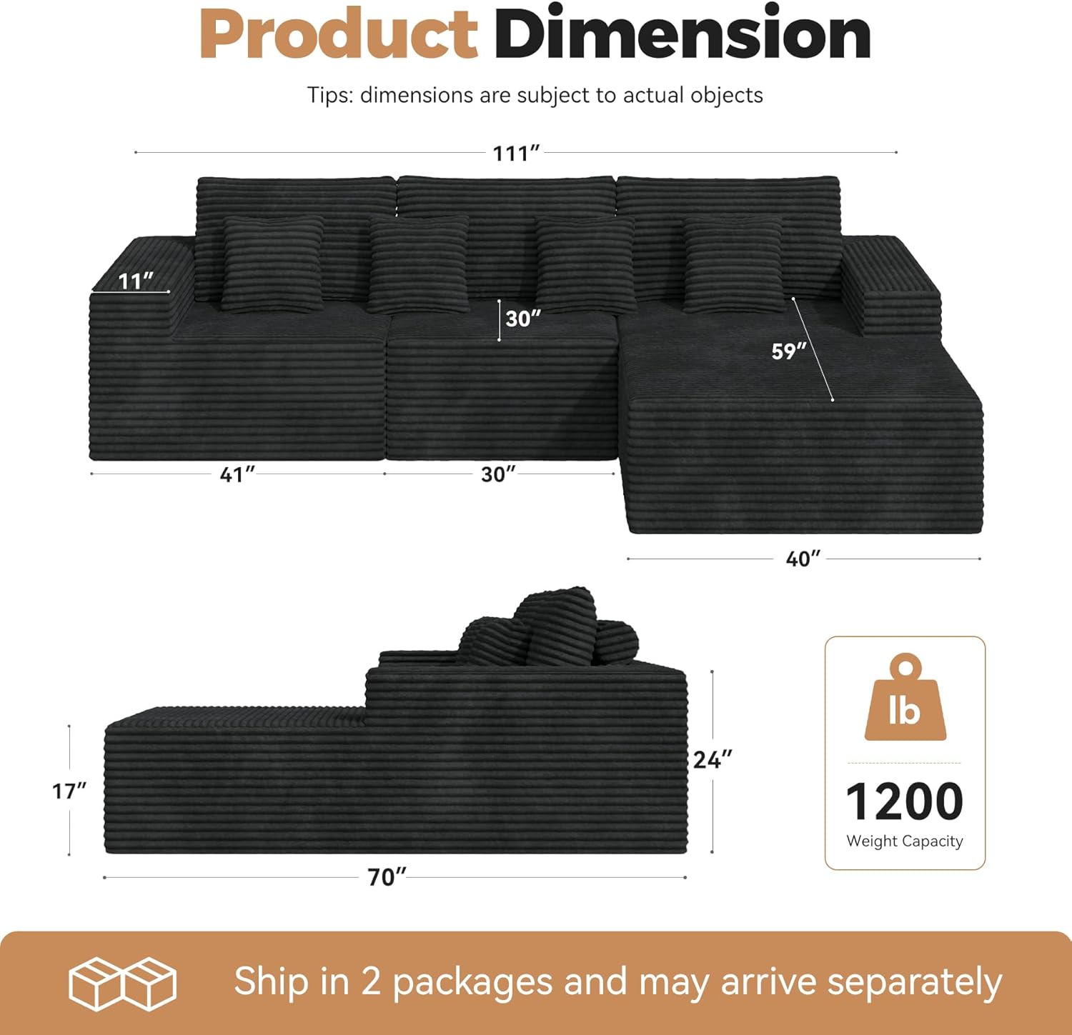 111'' Modular Sectional Cloud Couches with L Shaped Chaise, Upholstered Deep Seat Boneless Sofa for Living Room, Bedroom, No Assembly Required-Black 1PCS(Corduroy Fabric)
