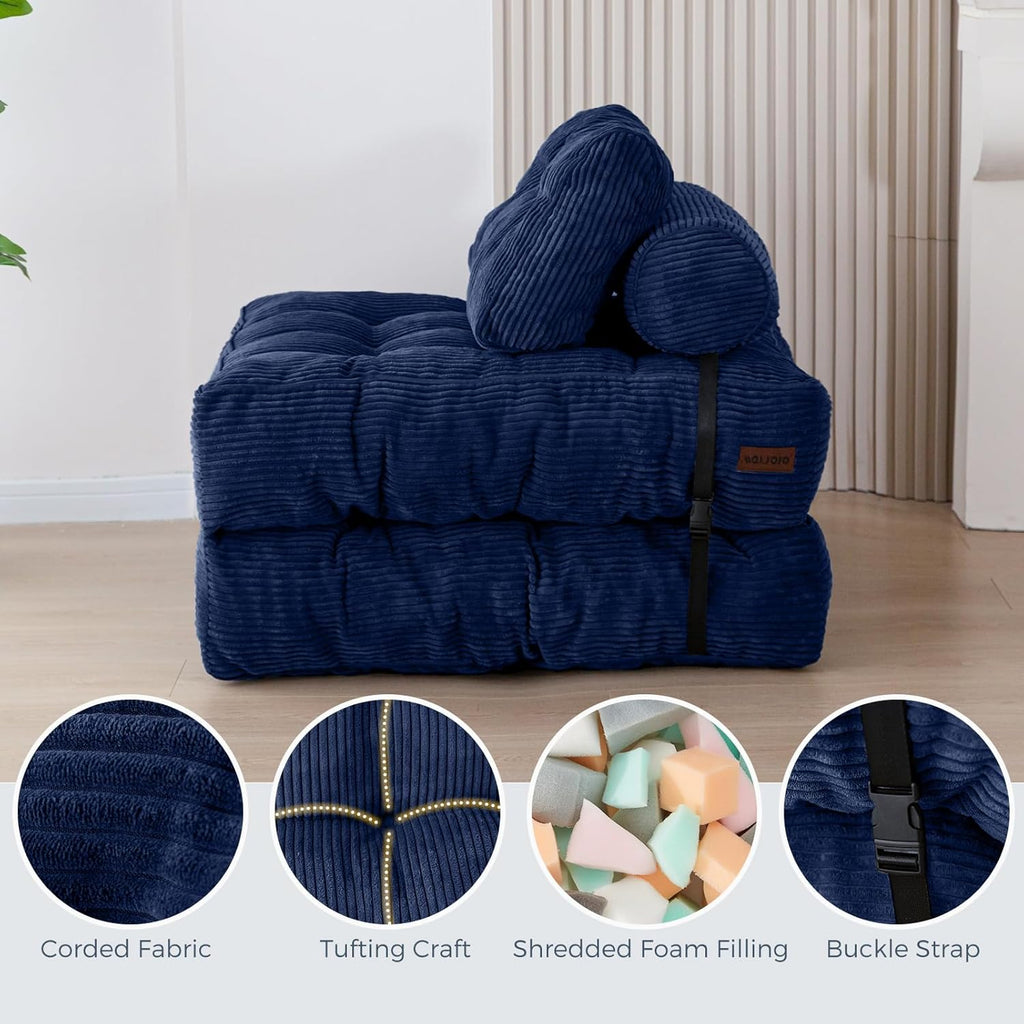 MAXYOYO Folding Sofa Bed, Convertible Sleeper Chair with Pillow Foldable Mattress with Back Support, Portable Fold Out Chair Bed Comfy Floor Sofa Lounge for Living Room Bedroom, Navy, Single