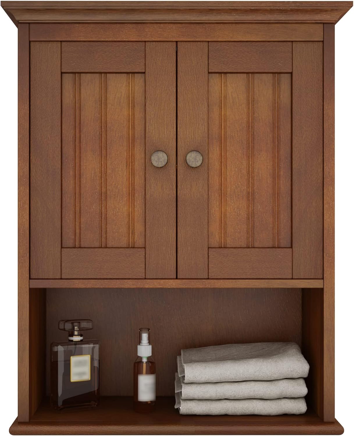 Treocho Wood Wall Cabinet, Bathroom Medicine Cabinet Storage with Doors and Adjustable Shelf, Rustic Cabinet Wall Mounted for Bathroom, Livingroom, Kitchen, Cupboard, Reddish Brown