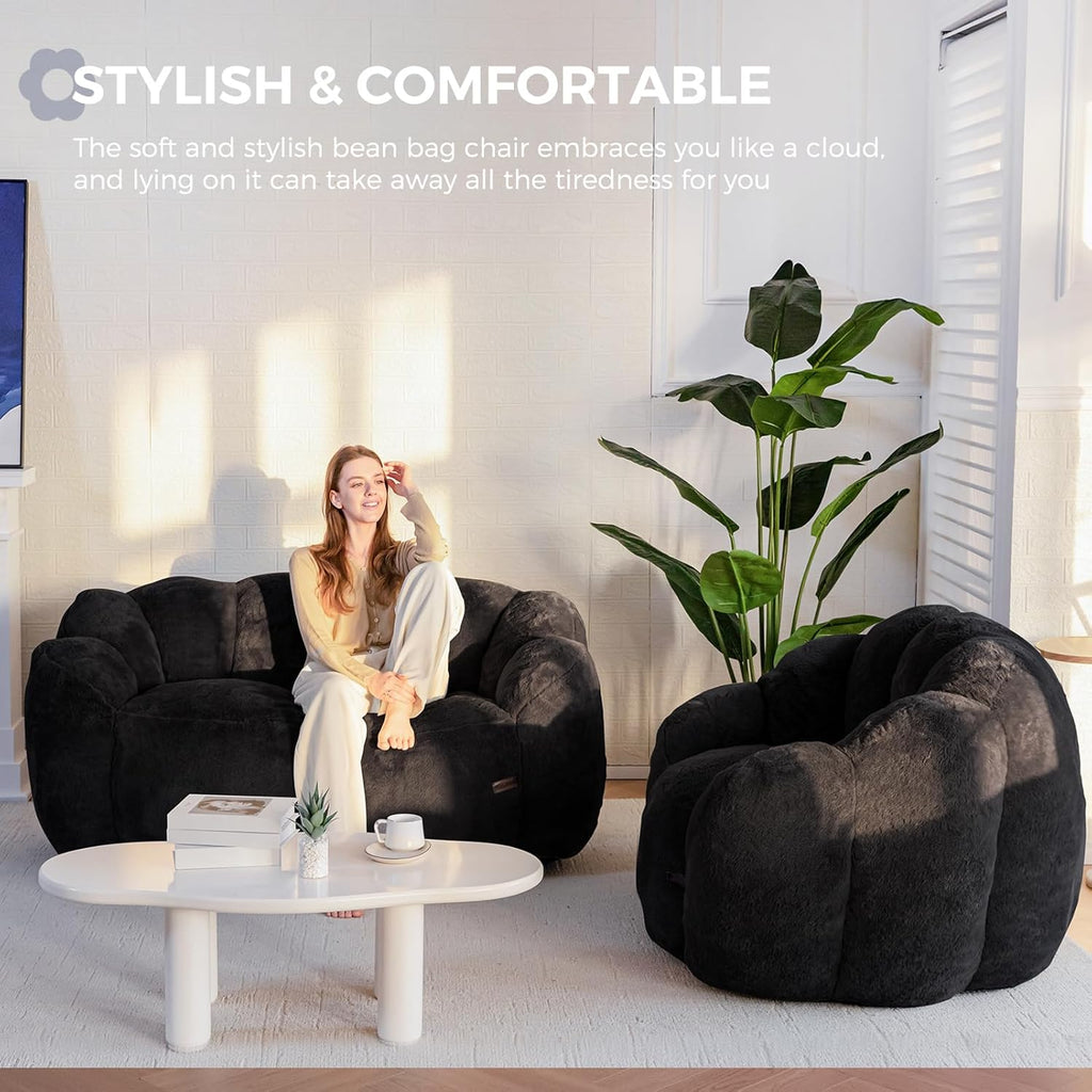 MAXYOYO Bean Bag Chair for Adults, Loveseat Floral Shaped Bean Bag Sofa, Ultra Soft Love Seat Mini Sofa Couch, Faux Fur Reading Chair for Living Room Bedroom, Black
