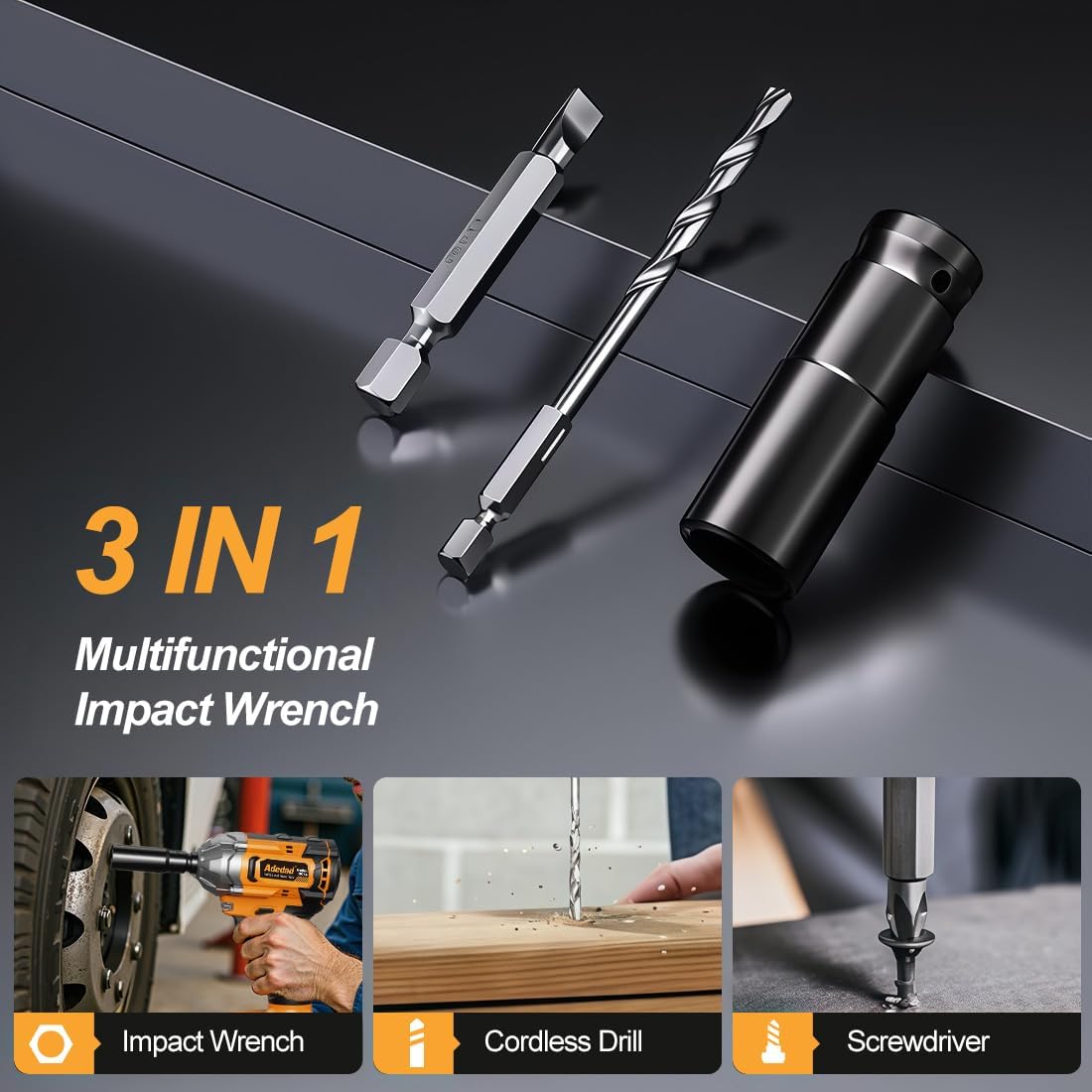 Brushless Impact Wrench 3-in-1 500N.m(369Ft-lbs) Torque Wrench 1/2 Drive with 2.0Ah Battery, 8 Drill Bits, 6 Screwdriver Bits, 4 Sockets, Cordless Impact Gun for automotive Repair and DIY