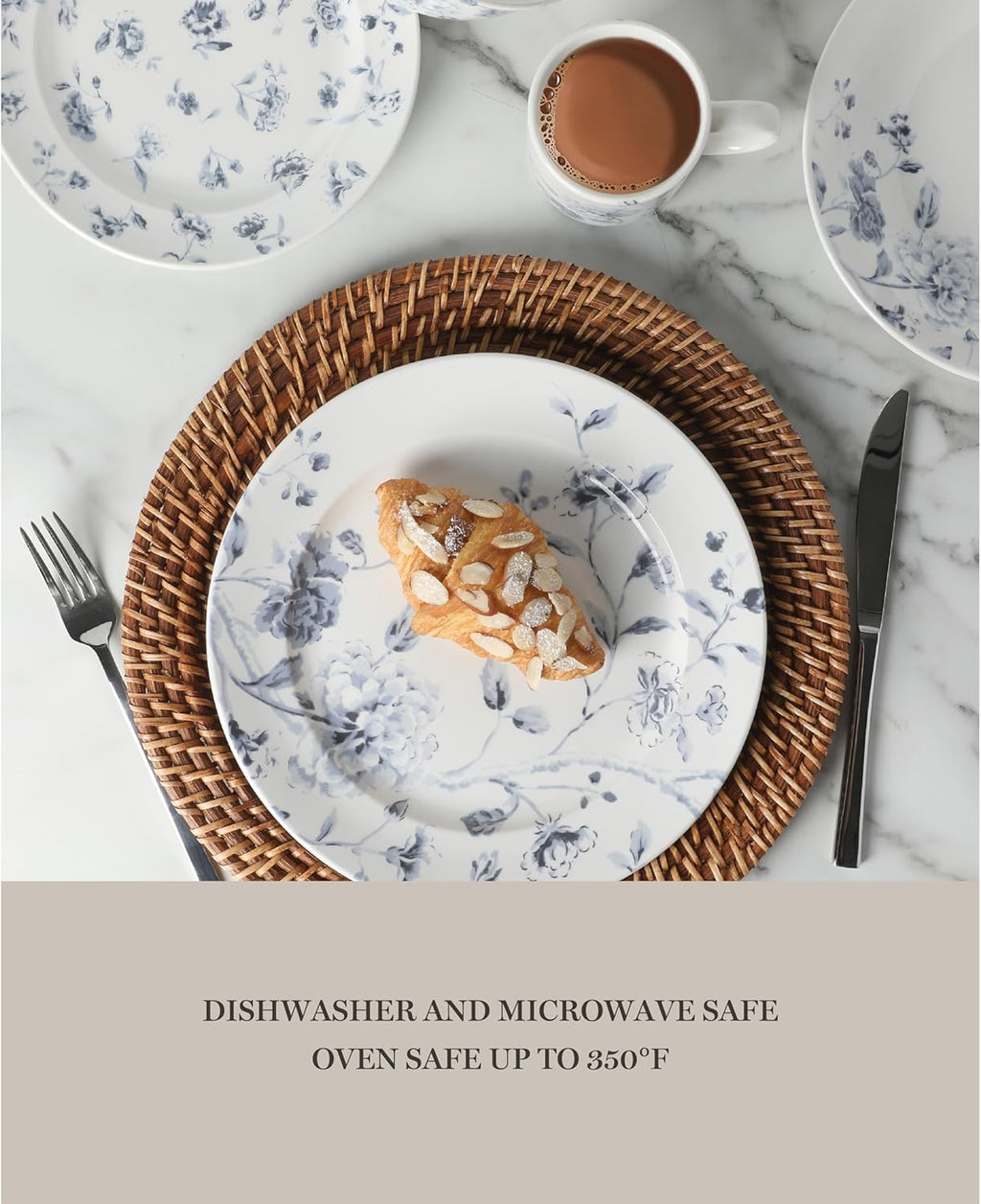 Martha Stewart Empress Bouquet 30 Piece Decorated Porcelain Chip and Scratch Resistant Dinnerware Plates and Bowls Set - Blue Floral