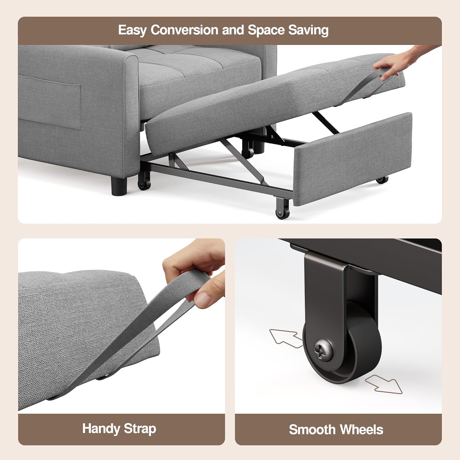 Ahomly Sleeper Sofa Chair Bed, Convertible Sofa Chair 3-in-1, Adjustable Sleeper Chair Pullout Sofa Bed with Modern Linen Fabric for Living Room Apartment Small Space, Grey