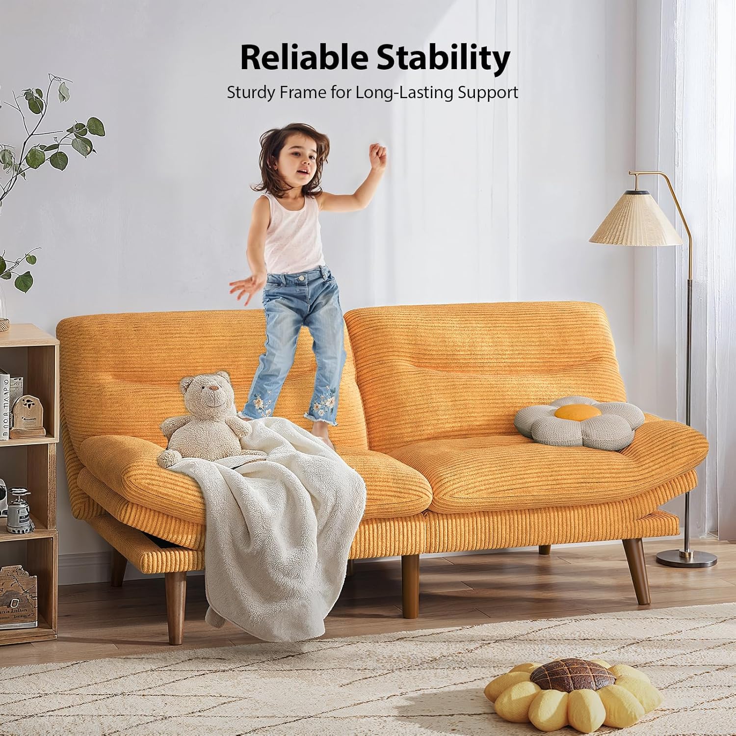 Pipishell Futon Sofa Bed, 66 Inch Corduroy Futon Couch Convertible with Adjustable Backrest and Armrests, Recliner Sleeper Sofa for Small Spaces, Living Room, Office, Guest Room (Yellow, 66 Inch) | Adjustable