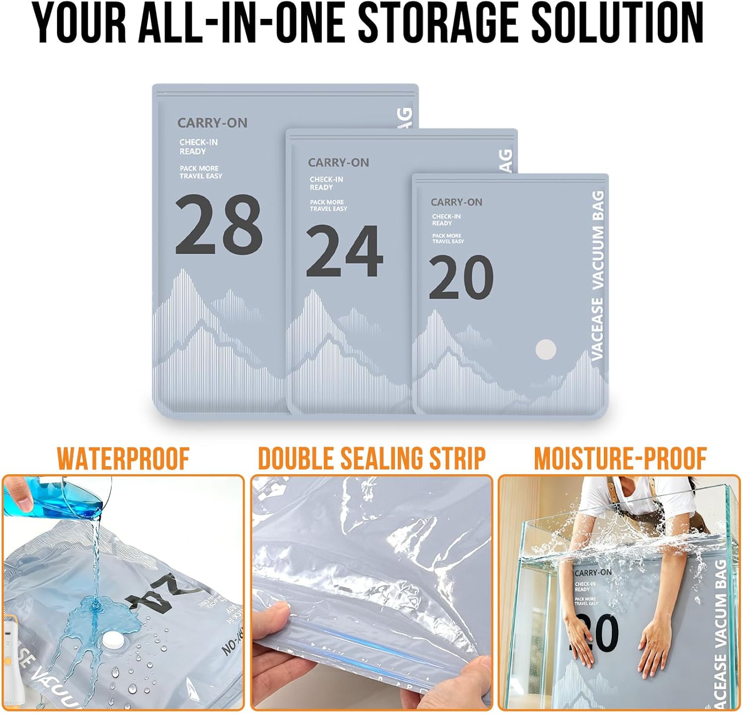 10Pack Travel Vacuum Storage Bags with Rechargeable Wireless Electric Pump, 3 Sizes (20/24/28 Inch) Space Saver Seal Bags for Luggage Suitcase, Carry-on Size for Clothes Travel Essentials Luggage