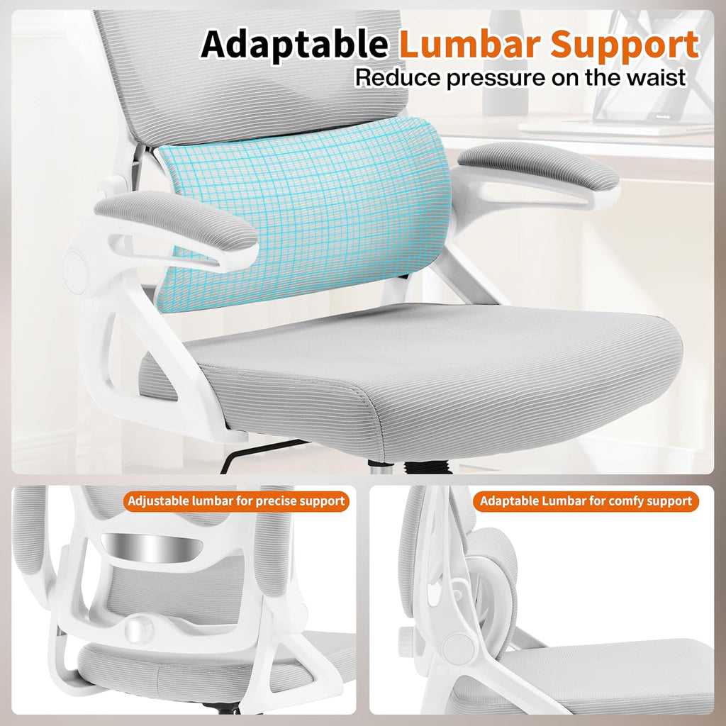 Ergonomic Office Chair,Mesh Office Chair with Lumbar Support,Mid Back Desk Chair with Flip-up Arms,400 lbs Comfy Computer Chair for Home Office (Light Grey)