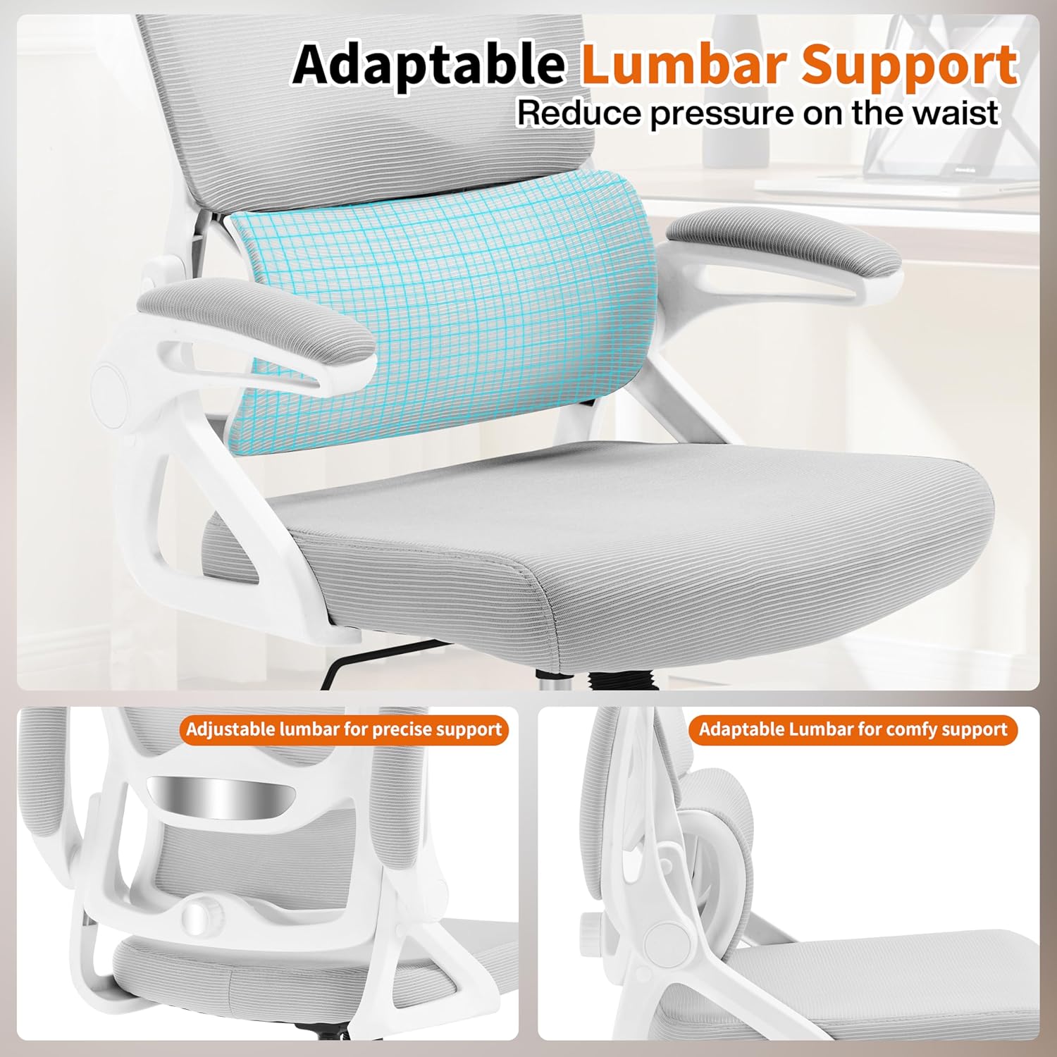 Ergonomic Office Chair,Mesh Office Chair with Lumbar Support,Mid Back Desk Chair with Flip-up Arms,400 lbs Comfy Computer Chair for Home Office (Light Grey)