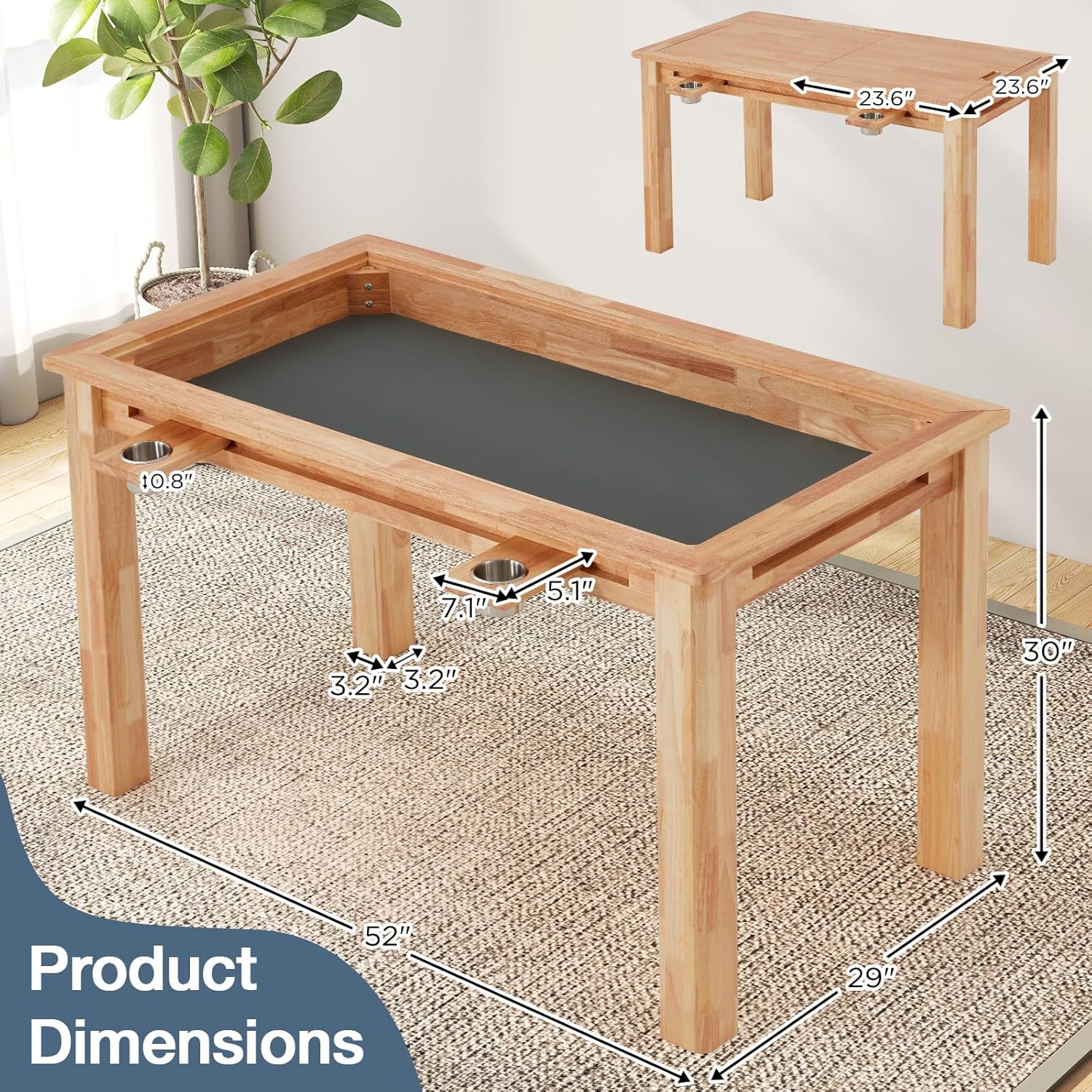 Oak Board Game Table with Removable Table Top, 52" x 29" Play Area, PU Leather Playmat & 4 Cup Holders, Seats 4-6 Players, Dual-Purpose for Gaming & Dining