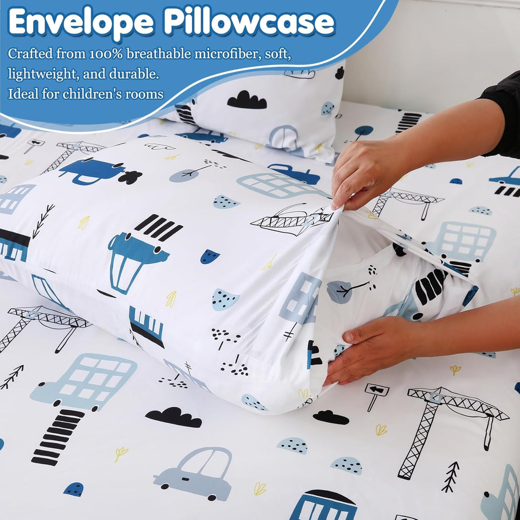 Twin Bed Sheets Boys Kids Construction Car Sheet Set 15-Inch Deep Pocket Fitted Sheet Soft Microfiber 3 Pieces Bedding Sets with Pillowcase Fade Resistant Children Room Decor