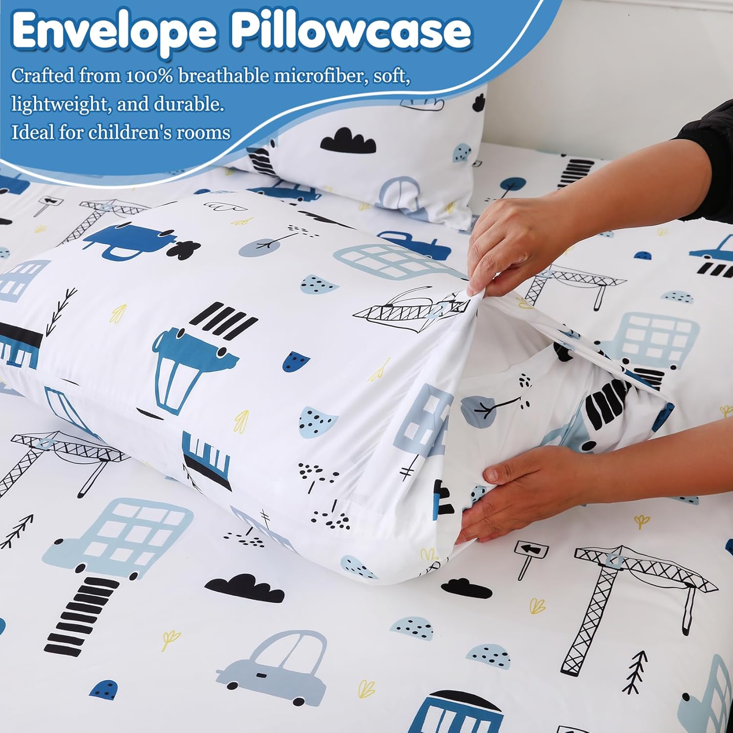 Twin Bed Sheets Boys Kids Construction Car Sheet Set 15-Inch Deep Pocket Fitted Sheet Soft Microfiber 3 Pieces Bedding Sets with Pillowcase Fade Resistant Children Room Decor