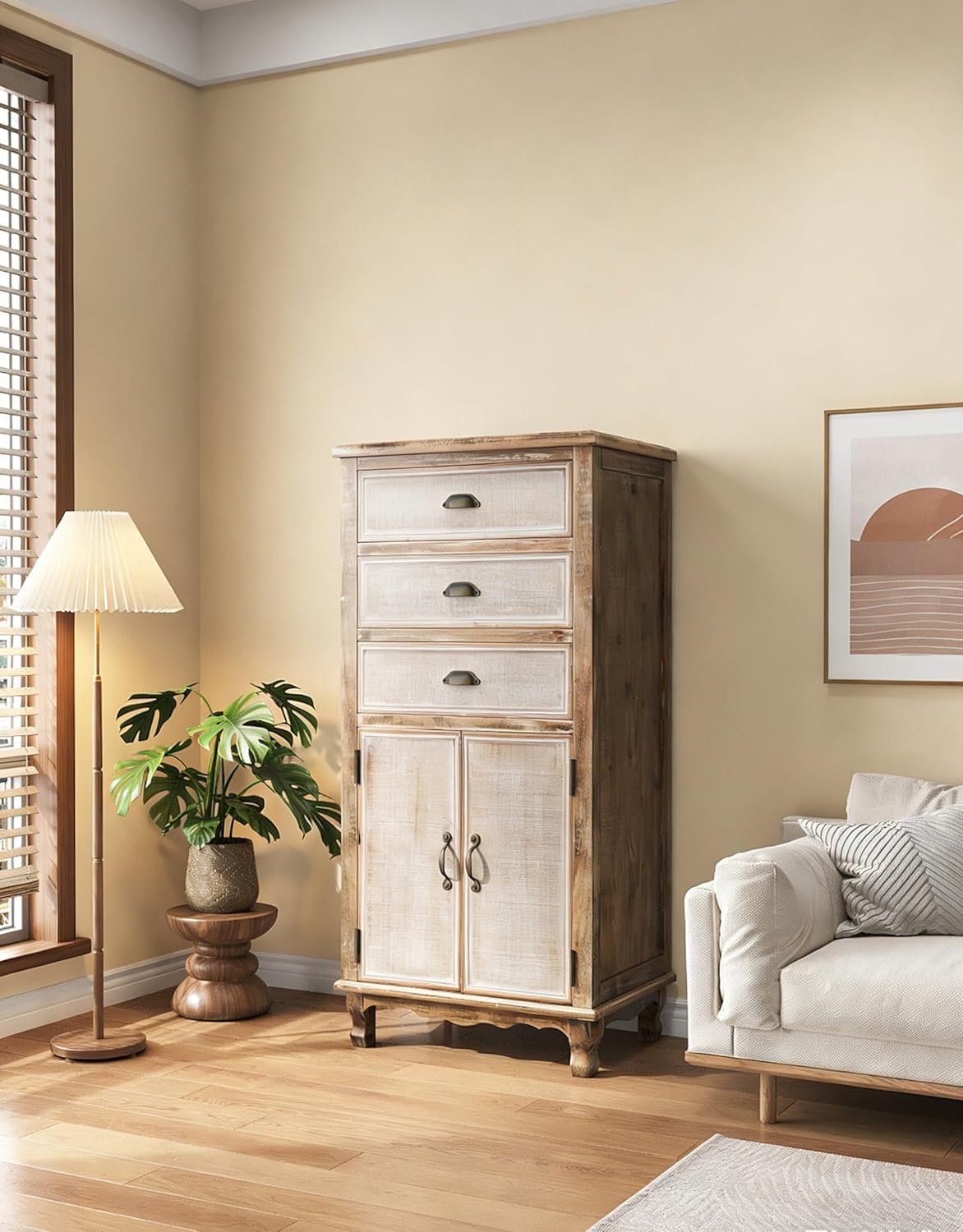 Rustic Tall Storage Cabinet - Distressed Solid Wood Frame Accent Cabinet with 3 Drawers & 2 Doors, Farmhouse Freestanding Floor Cabinet for Entryway, Living Room, Hallway