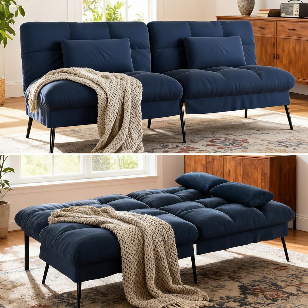 COMHOMA Convertible Sofa Bed,72″Fabric Couch with Adjustable Backrest,Loveseat Recliner Sleeper Living Room Furniture futon Set (Blue)
