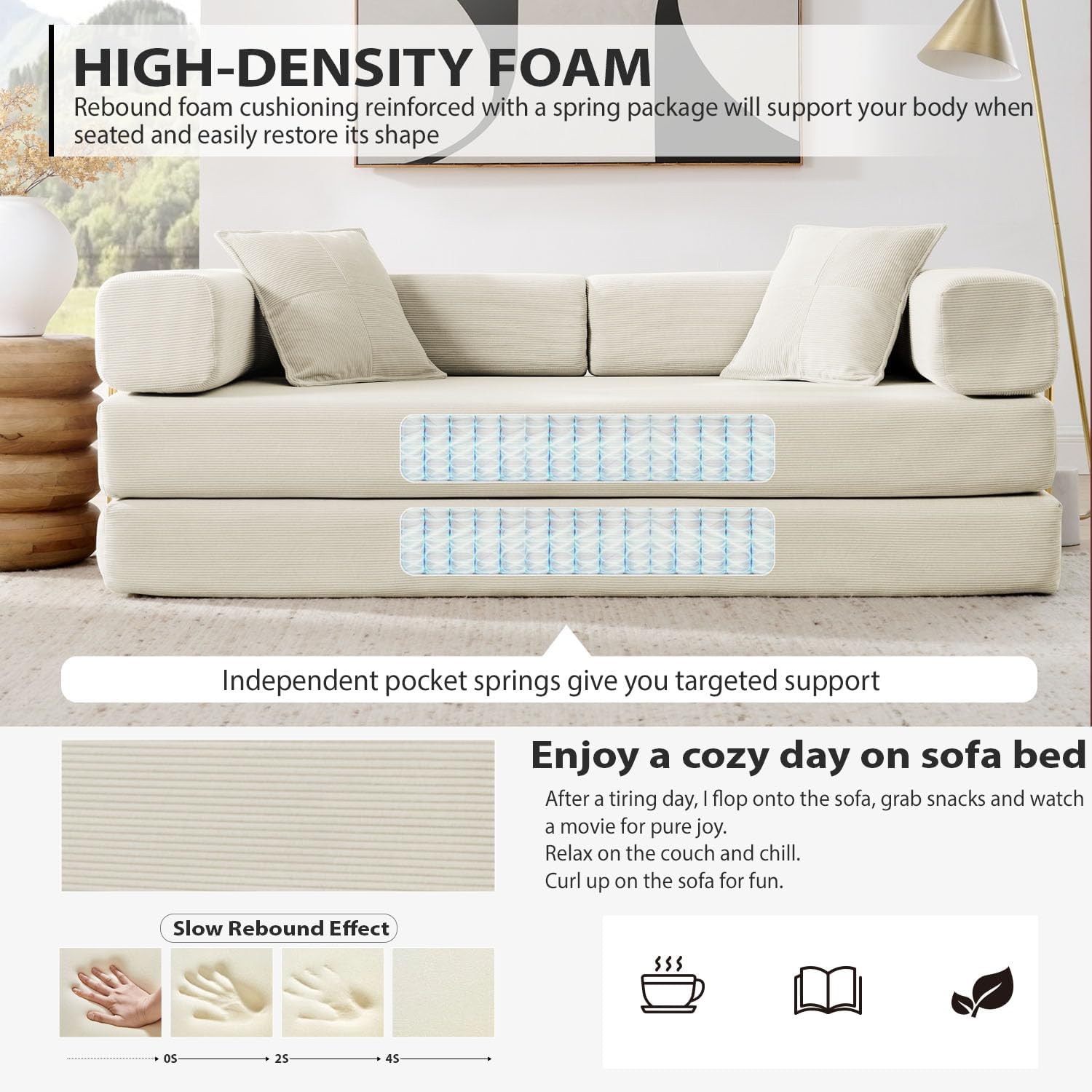4-in-1 Folding Convertible Sofa Bed, 78 Inch Boneless Couch with Fixed-Shape Frame, Corduroy Loveseat Sleeper with Pull Out Bed, Floor Sofa Modular Futon Couch for Living Room Bedroom Lounge (Beige)