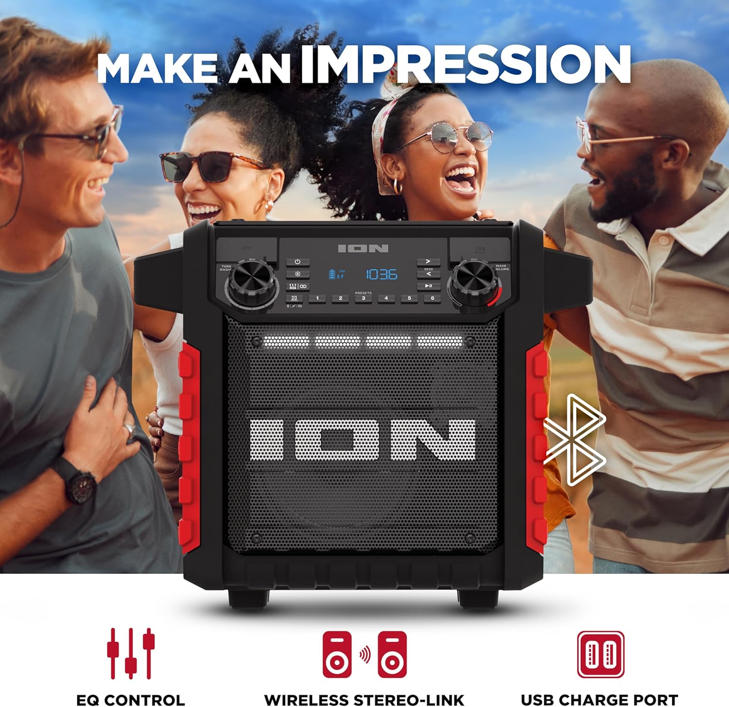 ION Tailgater Classic Outdoor Portable Bluetooth Speaker with Rechargeable Battery, FM Radio, USB Port, IPX5 Water-Resistant, 6.5" Woofer, App, Red