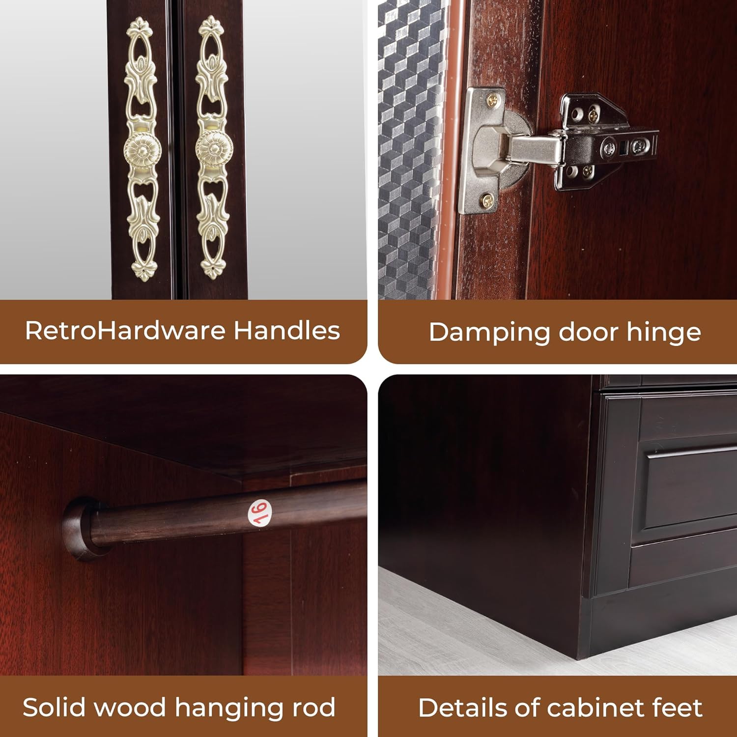 Solid Wood Armoire Wardrobe Closet: 70.87"Large Wardrobe Cabinet Storage,Clothes Organizer with Mirror,Doors,Shelves,Hanging Rods and Drawers,American Style Freestanding Bedroom Brown Black Finish