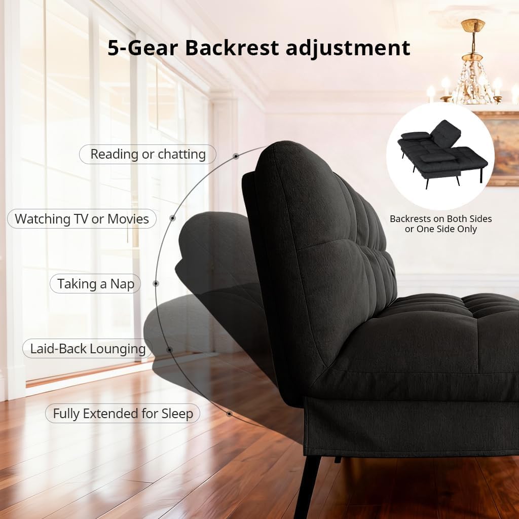 COMHOMA Convertible Futon Sofa Bed, 72″Fabric Futons Couch with Adjustable Backrest, Folding Sleeper Recliner for Living Room Furniture (Black)