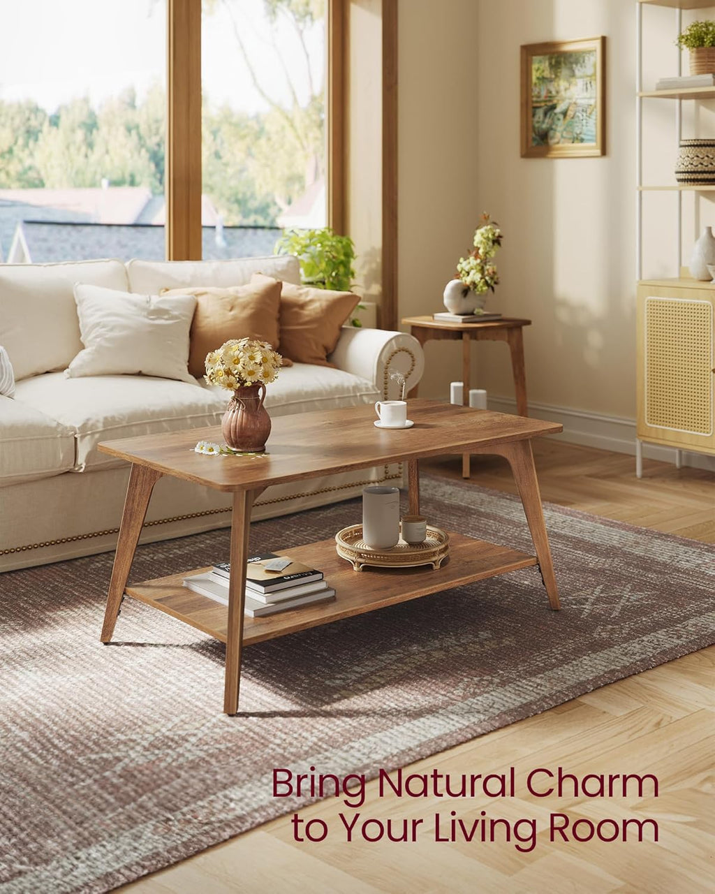 VASAGLE MAEZO Collection - Coffee Table, 2-Tier Center Table with Storage, Tapered Legs, Curved Transitions, 21.7 x 39.4 x 17.7 Inches, Easy to Assemble, for Living Room, Honey Brown ULCT249K01