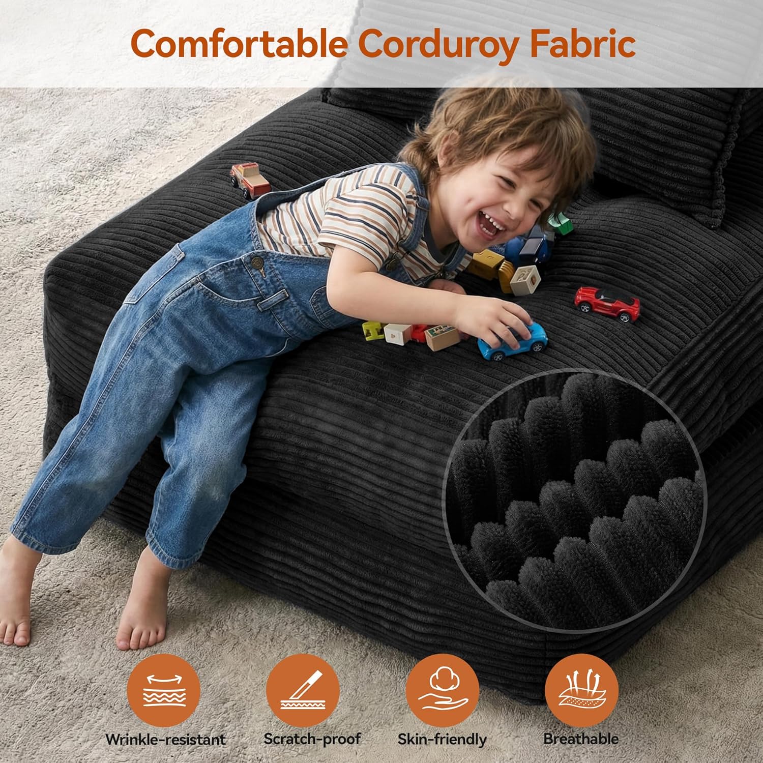MONVANE Folding Sofa Bed, Fold Out Chair Bed with Pillow, Convertible Sleeper Chair for Living Room/Small Spaces, Foldable Lazy Sofa Bed Floor Chair, Comfy Corduroy Couch Bed, Black