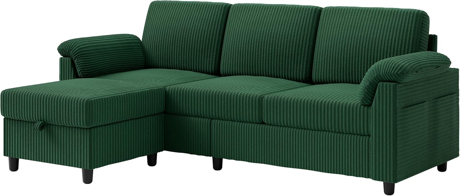 Vongrasig Convertible Sectional Couch, 3 Seat L Shaped Sofa with Removable Pillows Linen Fabric Small Modern Couch Mid Century for Living Room, Apartment and Office, Green