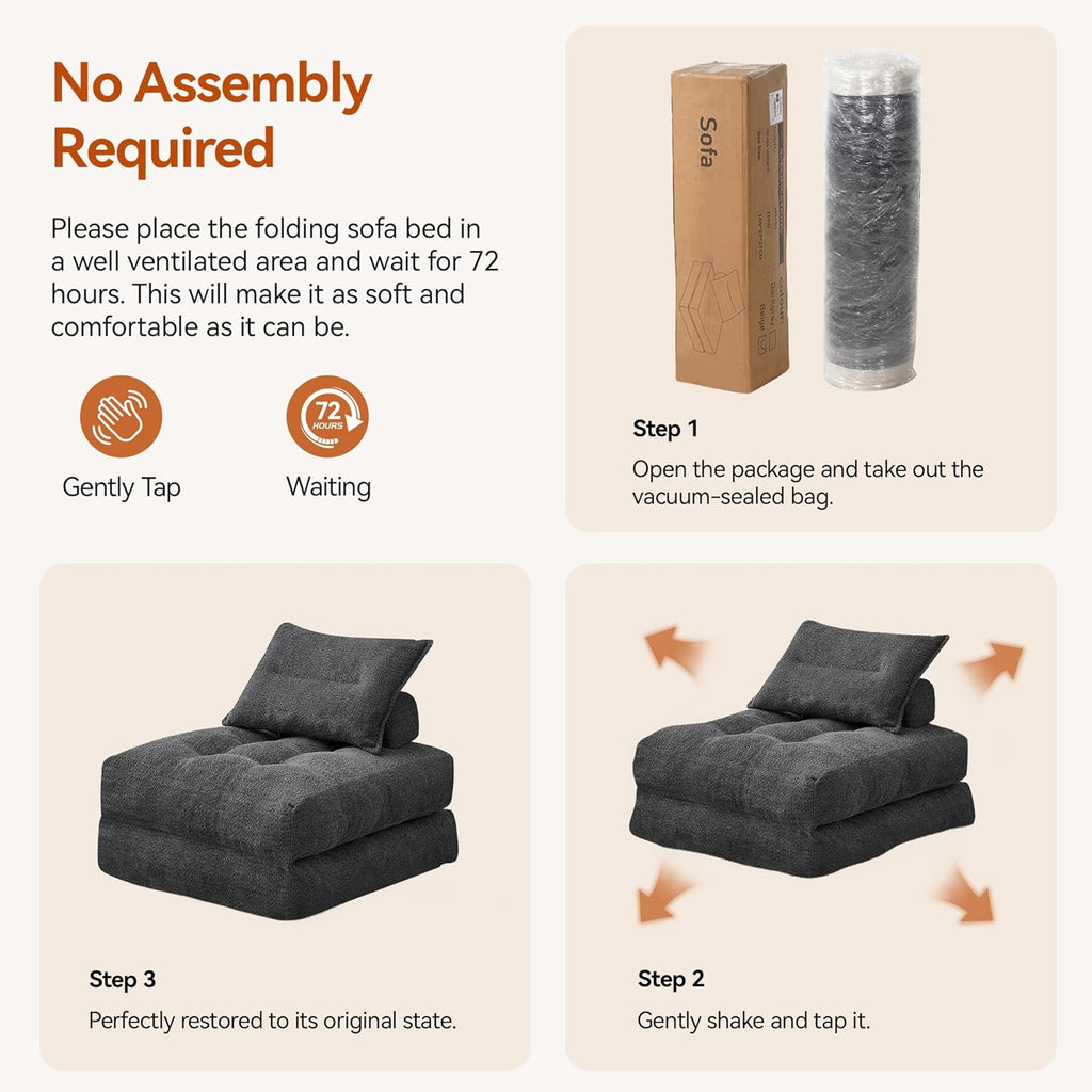 MONVANE Folding Sofa Bed, Fold Out Chair Bed with Pillow, Convertible Sleeper Chair for Living Room/Small Spaces, Foldable Lazy Sofa Bed Floor Chair, Comfy Teddy Velvet Couch Bed, Grey