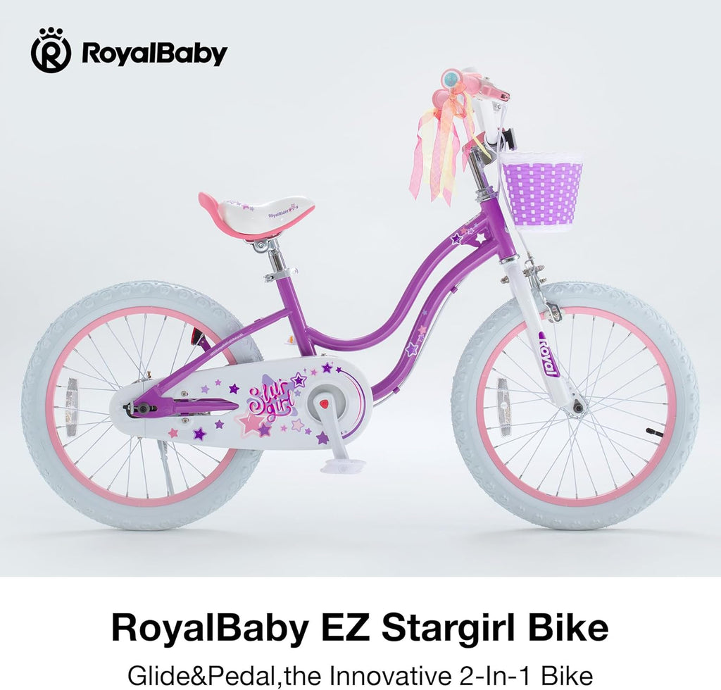 RoyalBaby Girls Bike, Stargirl EZ Kids Bike Balance and Pedal Bicycle with Basket and Dual Handbrake, 12 14 16 18 Inch Toddlers to Big Kids 3-8 Years, Multiple Colors
