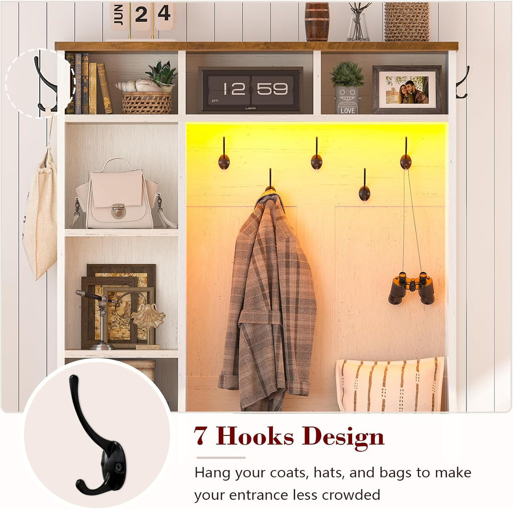 CSZZD Hall Tree with Bench and Shoe Storage, Farmhouse Entryway Bench with Coat Racks and Led Lights, Tall Hall Tree with 7 Coat Hooks, 6 Storage Cubbies, Adjustable Shelf