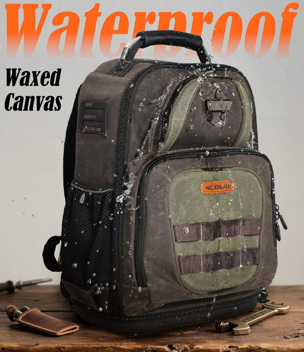 WELKINLAND 36-Pockets Electrician Backpack, Hard-Based HVAC Backpacks, Waxed-Canvas Technician Backpack, Heavy-Duty Tool Backpacks For Men