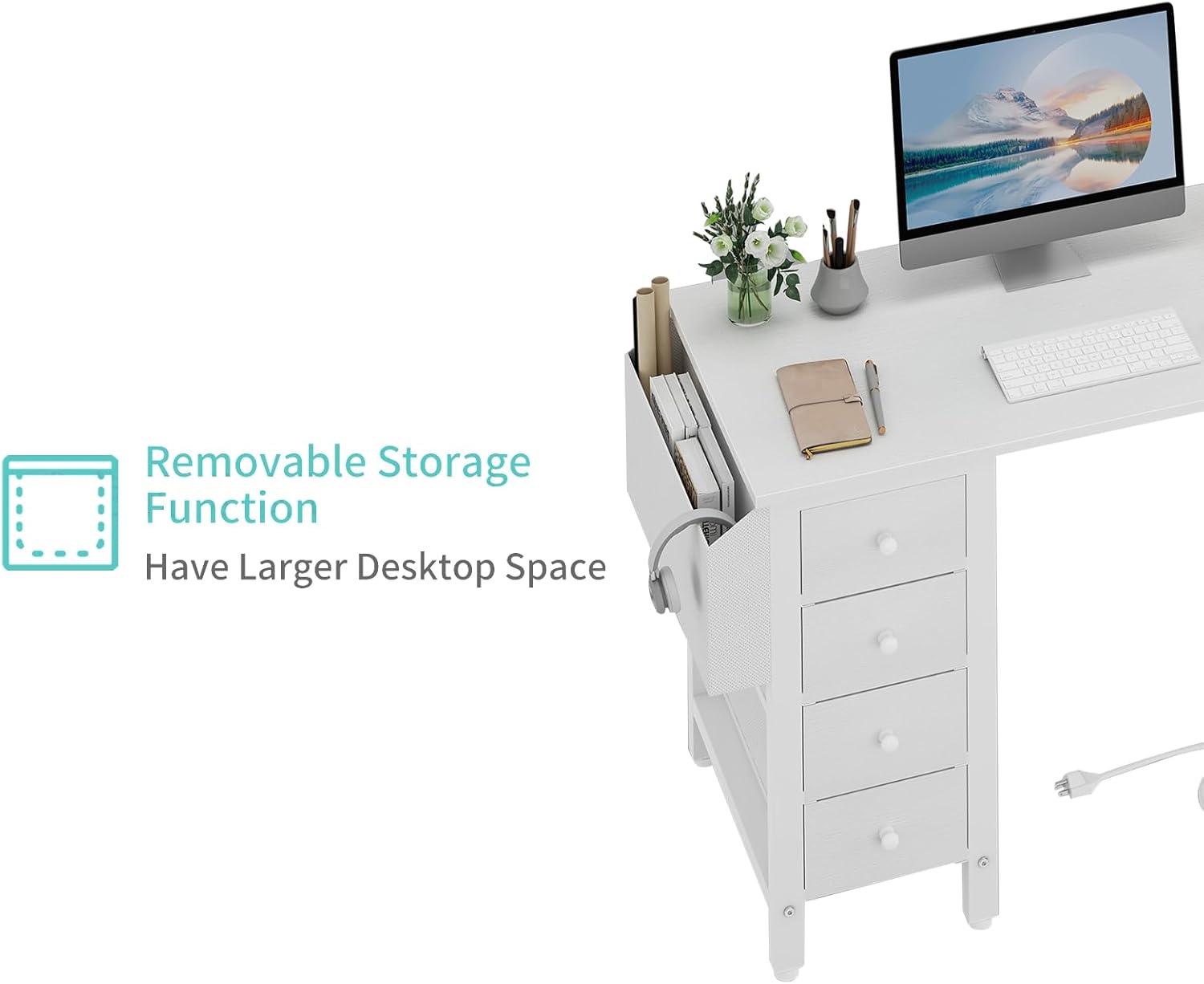 Lufeiya White L Shaped Computer Desk with Drawers & Storage Shelves, 47 Inch Corner Reversible Desk with Power Outlet for Home Office Bedroom, L-Shaped Teen PC Desks with Fabric Drawer, White