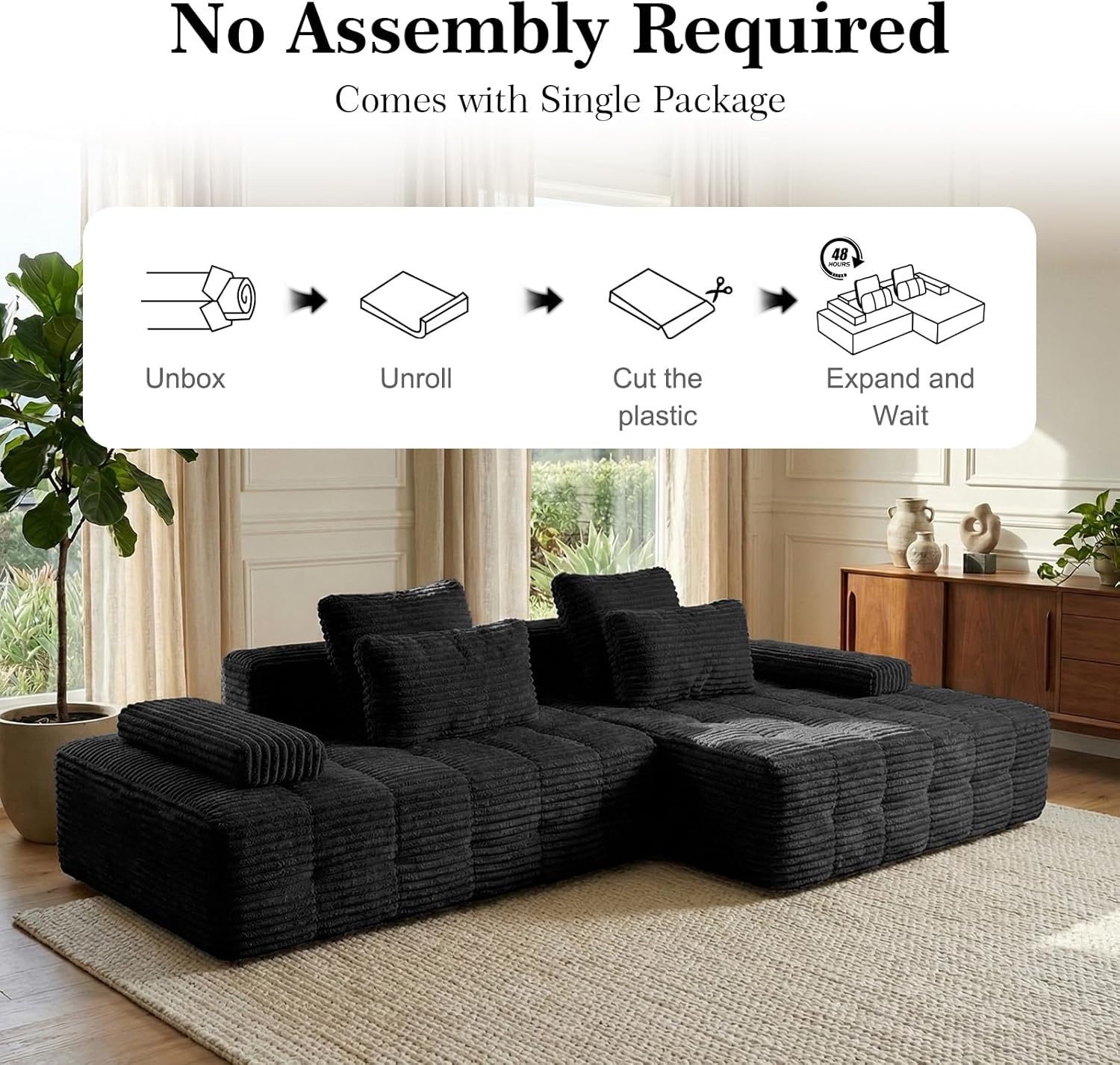 114" Sectional Couches for Living Room Cloud Couch Sofa with L-Shape Upholstered Boneless Couchs Modern Modular Sectional Couch with Chaise (Black, 114" W+Right Facing Chaise) | boneless couch, No Assembly Required